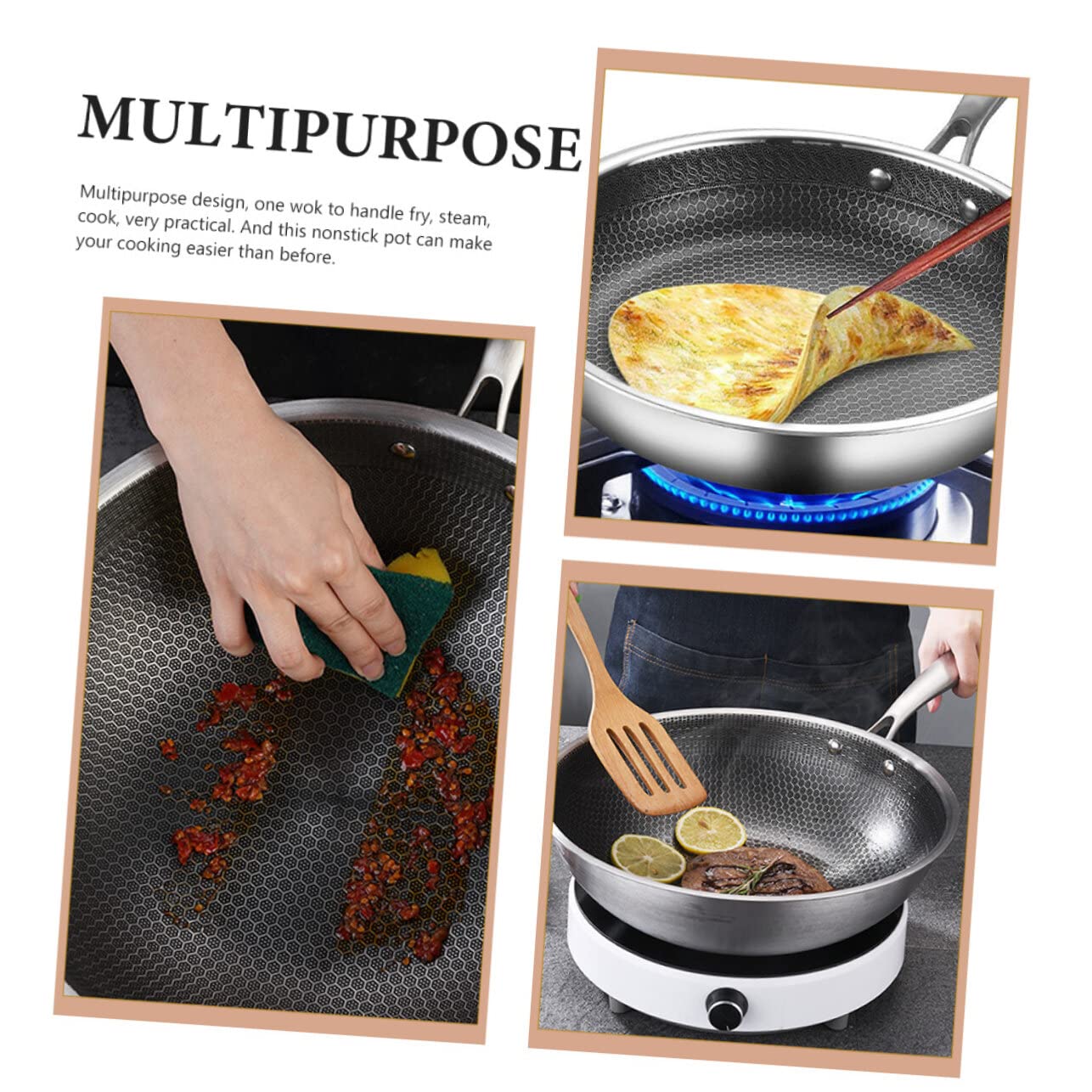 Yardwe Yardwe Stainless Steel Wok Pan Nonstick 150 Inch Ideal for Cooking Stir Fry and More - View 8 of 9