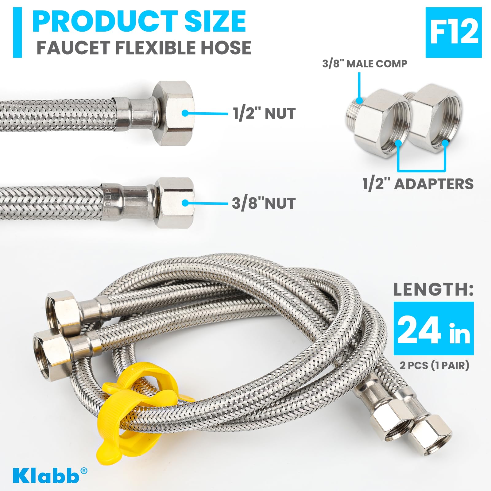 Klabb Klabb 24 Inch Bathroom Kitchen Faucet Connector Braided Stainless Steel Supply Hose 3/8 Inch Female Compression Thread M10 Male Connector 4Pcs - View 2 of 7