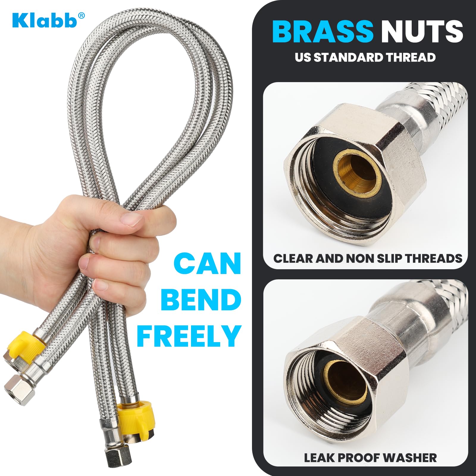 Klabb Klabb 24 Inch Bathroom Kitchen Faucet Connector Braided Stainless Steel Supply Hose 3/8 Inch Female Compression Thread M10 Male Connector 4Pcs - View 3 of 7