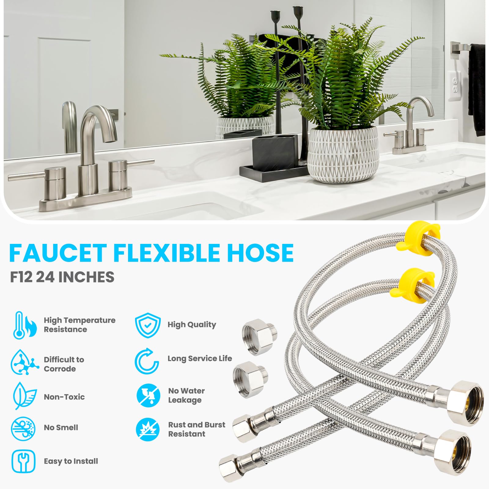 Klabb Klabb 24 Inch Bathroom Kitchen Faucet Connector Braided Stainless Steel Supply Hose 3/8 Inch Female Compression Thread M10 Male Connector 4Pcs - View 7 of 7