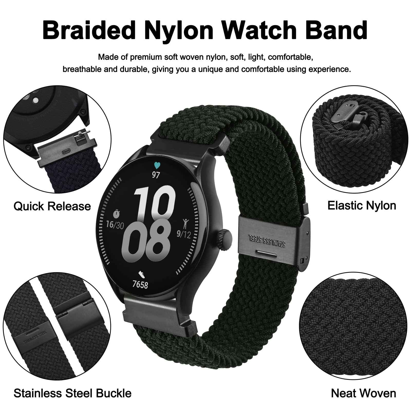 WOCCI WOCCI 21mm Braided Nylon Watch Band - Quick Release, Black Stainless Steel Buckle for Men & Women - View 3 of 9