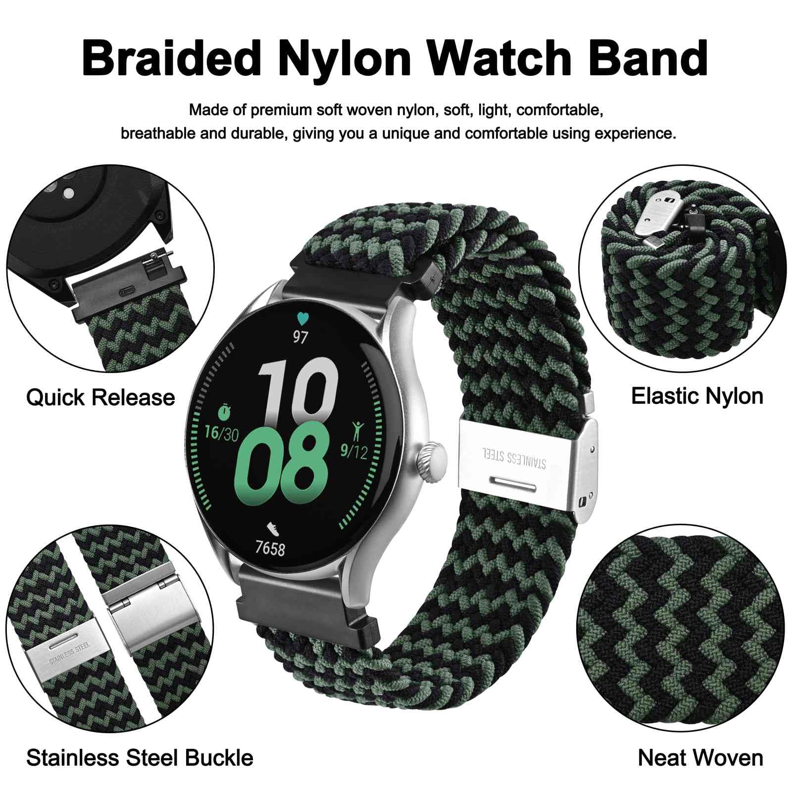 WOCCI WOCCI 18mm Braided Nylon Watch Band - Quick Release, Green Black for Men & Women with Silver Stainless Steel Buckle - View 3 of 9