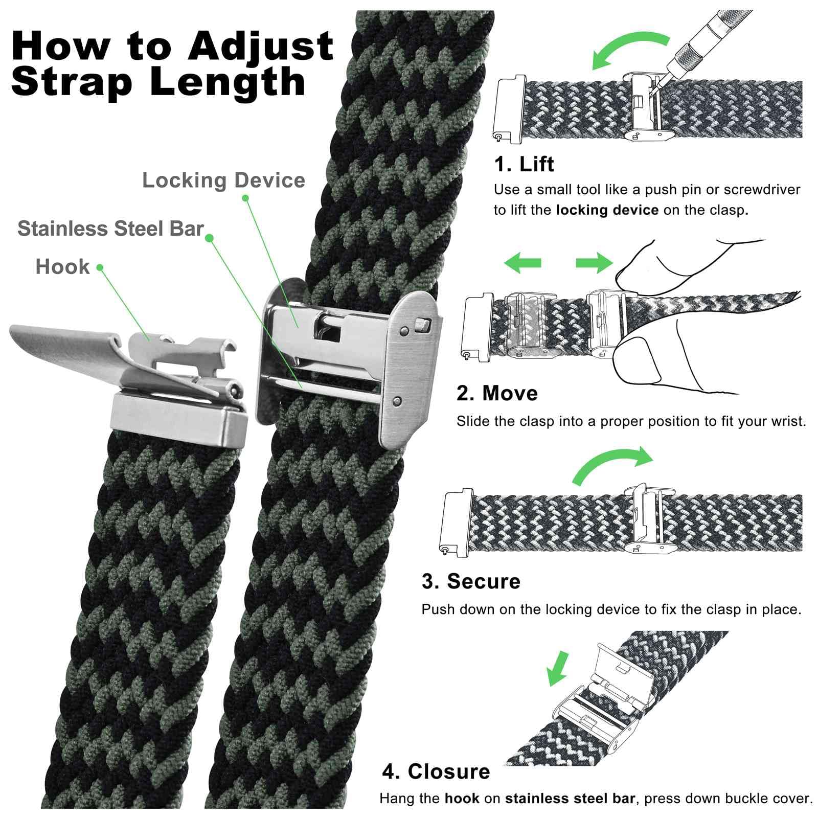 WOCCI WOCCI 18mm Braided Nylon Watch Band - Quick Release, Green Black for Men & Women with Silver Stainless Steel Buckle - View 5 of 9