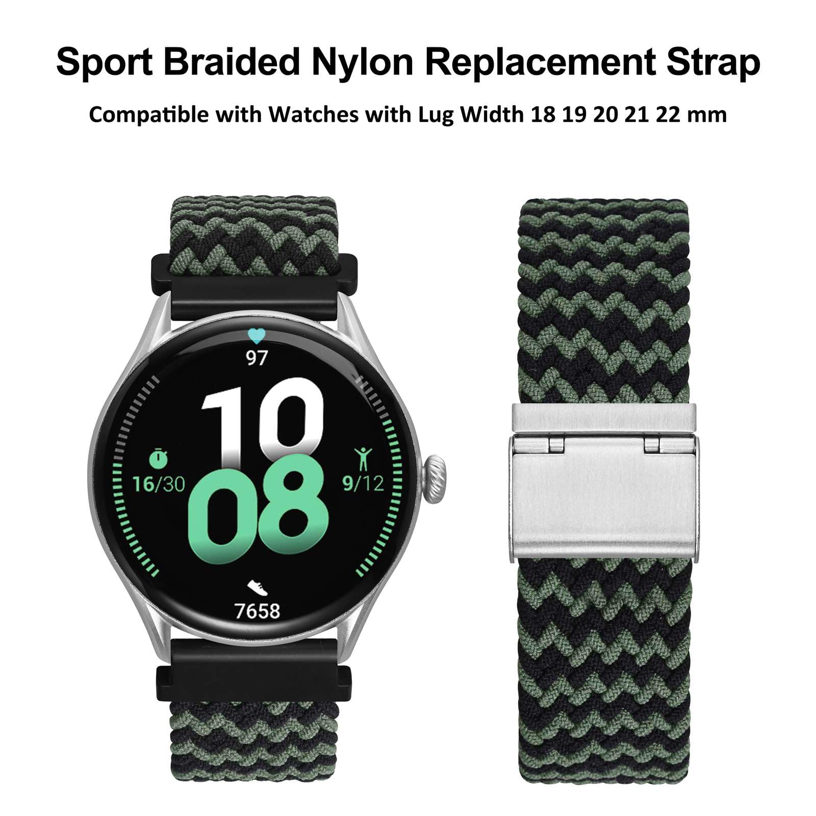 WOCCI WOCCI 18mm Braided Nylon Watch Band - Quick Release, Green Black for Men & Women with Silver Stainless Steel Buckle - View 9 of 9