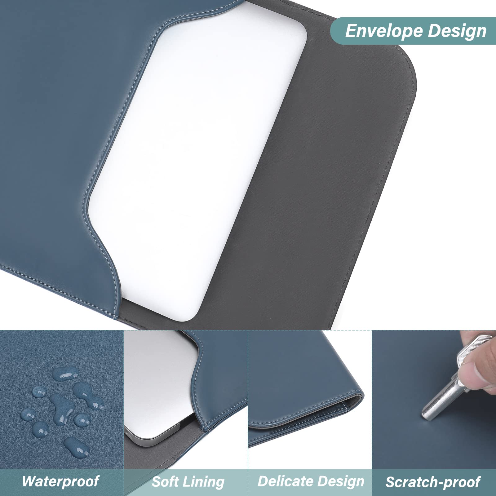 MOSISO MOSISO 13 Inch Laptop Case Sleeve for MacBook Air Pro M1 M2 Faux Suede Leather with Small Bag Peacock Blue - View 3 of 6