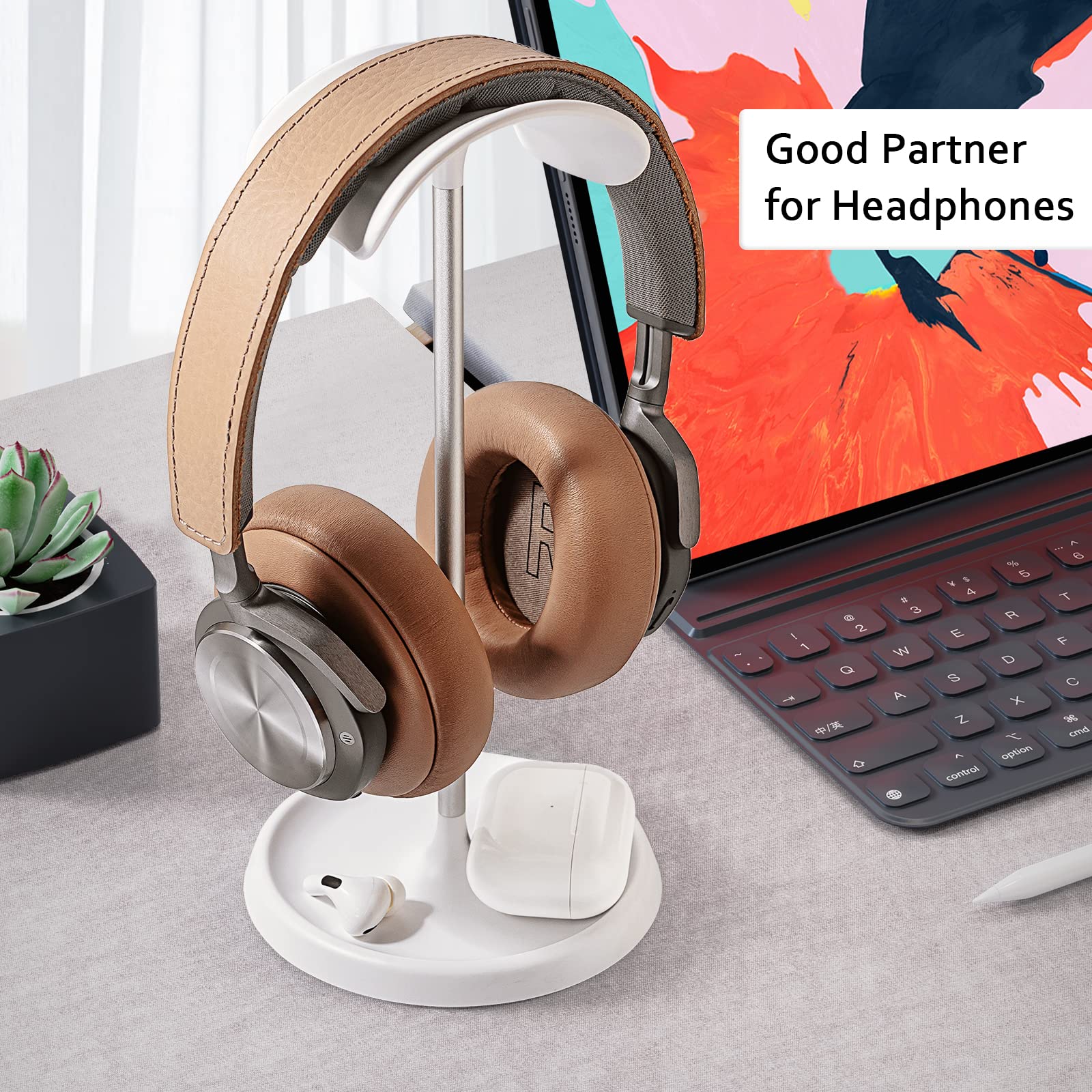 QinCoon Curved Headphone Stand with Storage Tray Heavy Base Gaming Headset Holder for AirPods Max Beats Bose Sennheiser Sony and More White - View 7 of 7