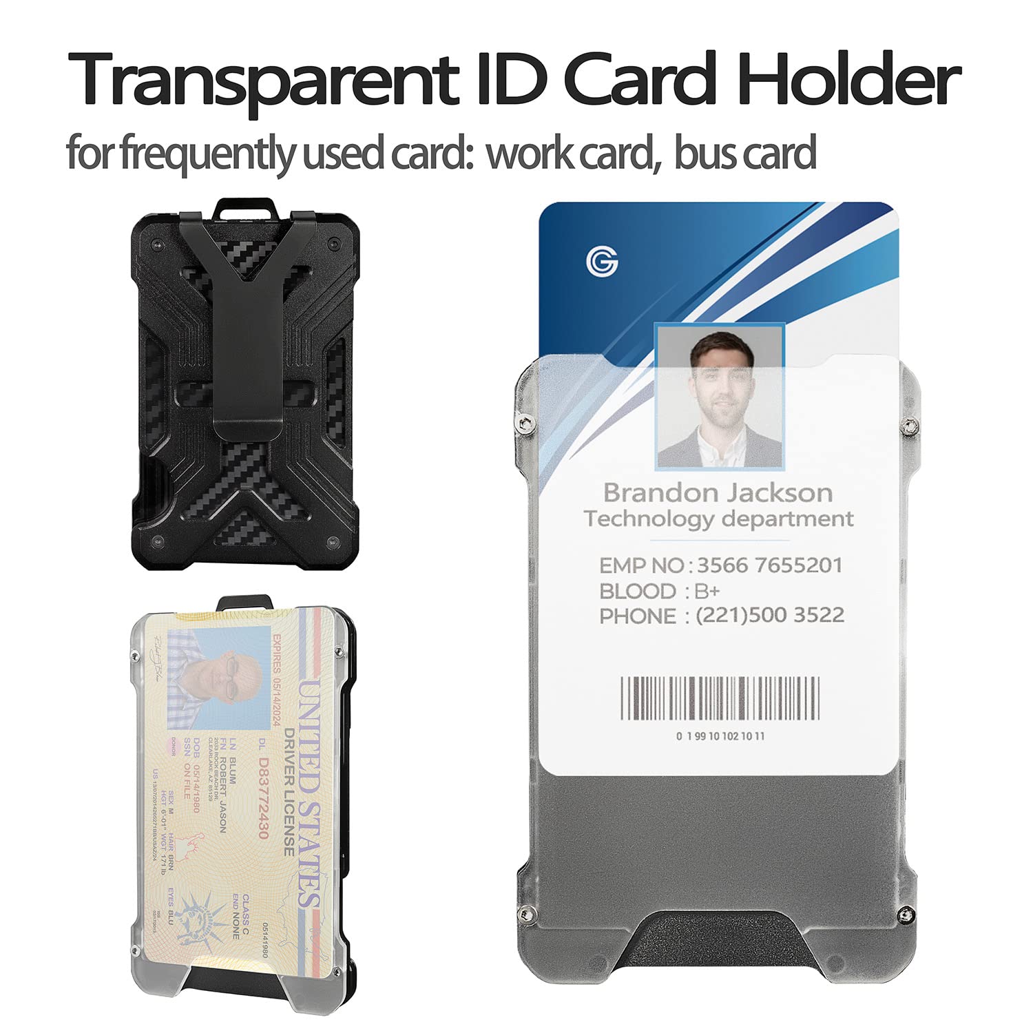 kullder Minimalist Carbon Fiber Wallet for Men Slim RFID Blocking Ultra-Thin Tactical Wallet with Clear ID Holder and Metal Money Clip Black - View 2 of 6