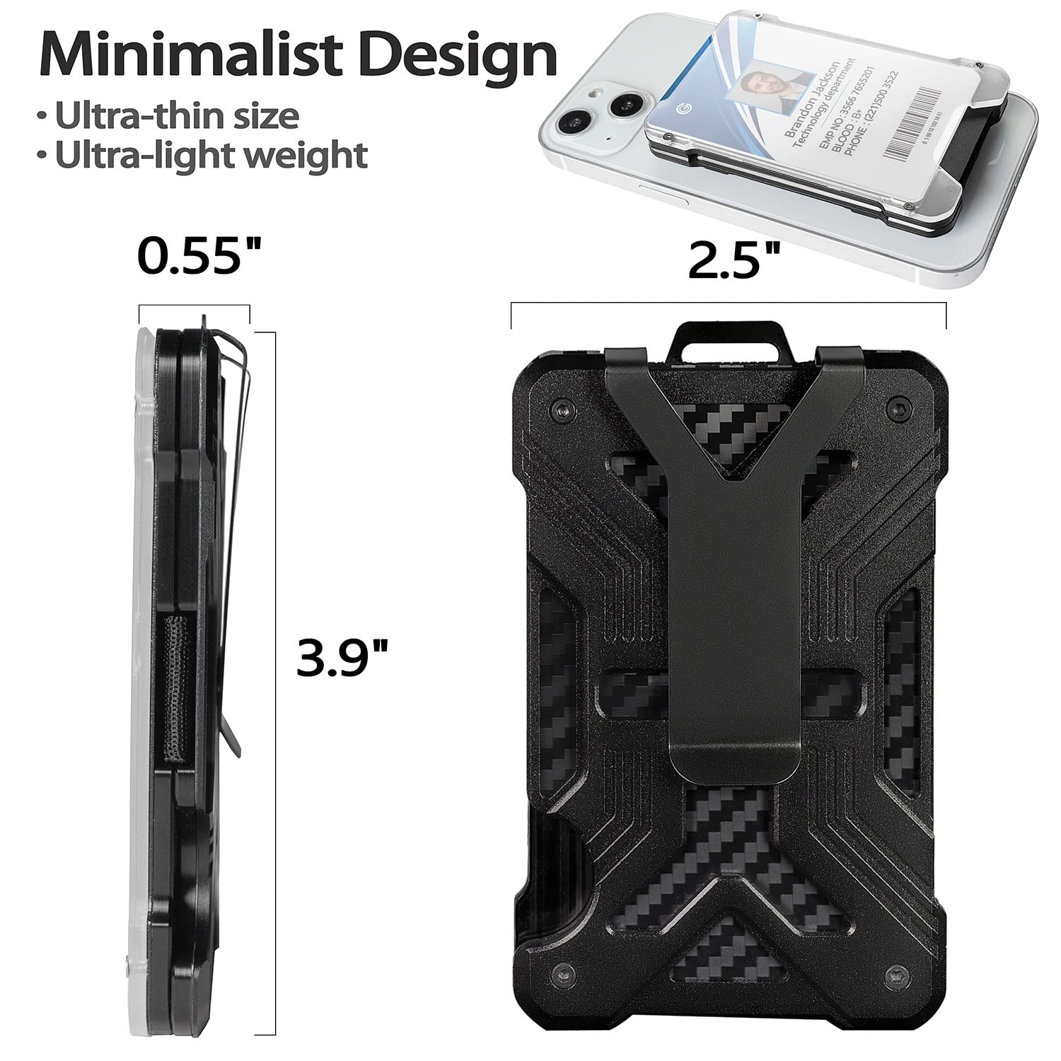 kullder Minimalist Carbon Fiber Wallet for Men Slim RFID Blocking Ultra-Thin Tactical Wallet with Clear ID Holder and Metal Money Clip Black - View 3 of 6