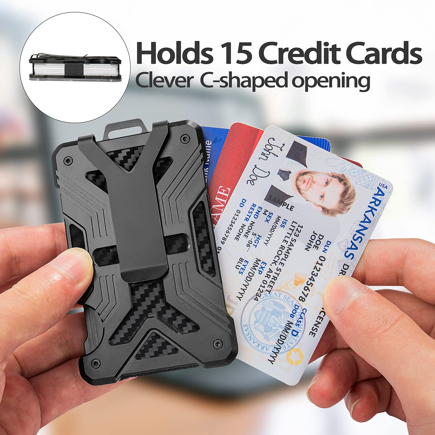 kullder Minimalist Carbon Fiber Wallet for Men Slim RFID Blocking Ultra-Thin Tactical Wallet with Clear ID Holder and Metal Money Clip Black - View 4 of 6