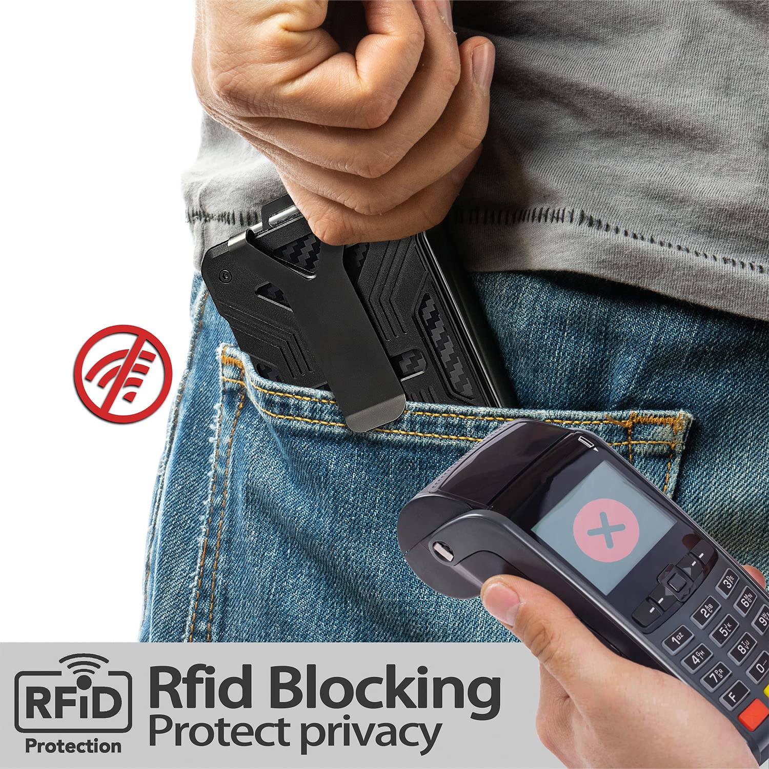 kullder Minimalist Carbon Fiber Wallet for Men Slim RFID Blocking Ultra-Thin Tactical Wallet with Clear ID Holder and Metal Money Clip Black - View 5 of 6