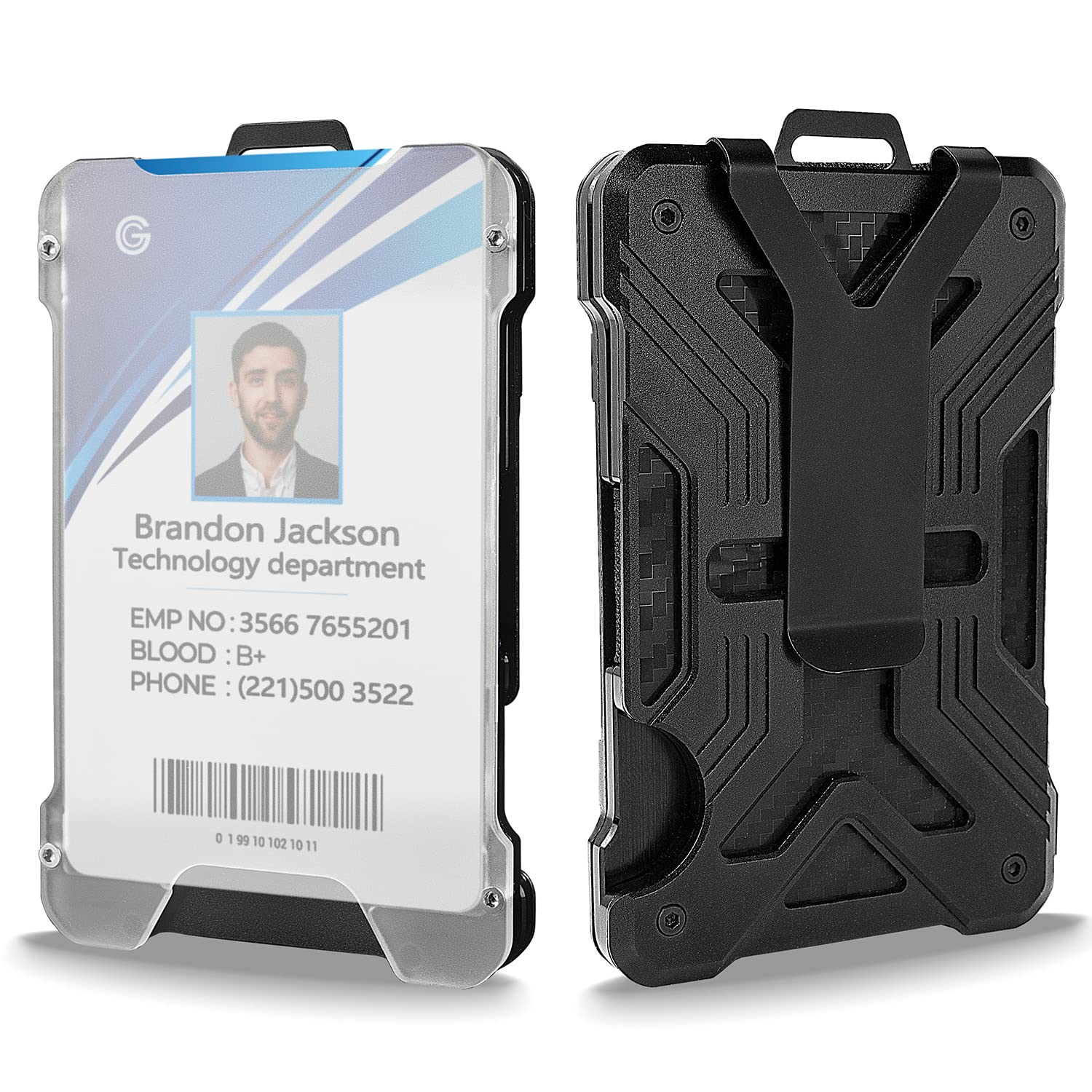 kullder Minimalist Carbon Fiber Wallet for Men Slim RFID Blocking Ultra-Thin Tactical Wallet with Clear ID Holder and Metal Money Clip Black