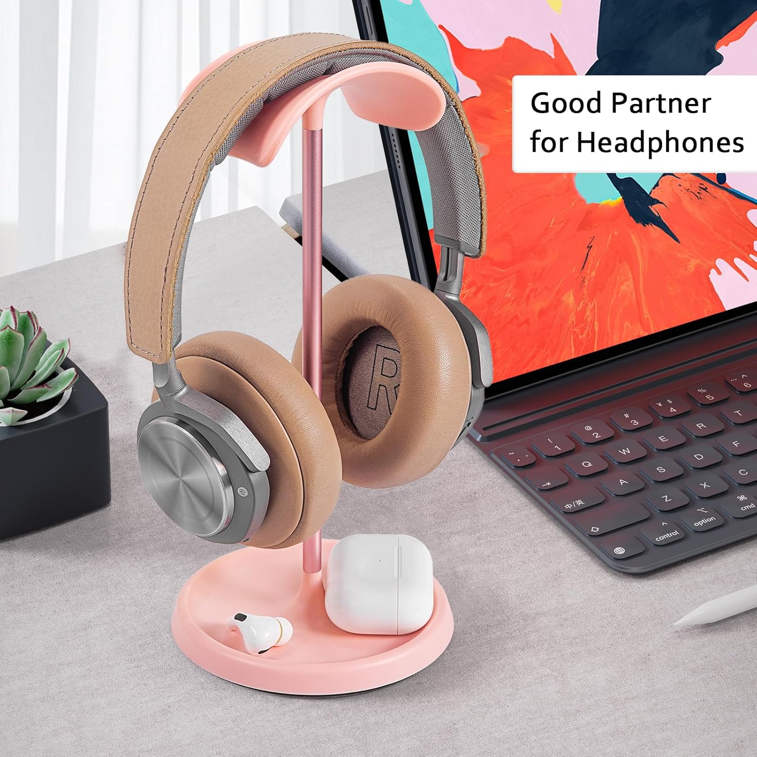 QinCoon Curved Headphone Stand with Storage Tray Heavy Base Gaming Headset Holder for AirPods Max Pro Beats Bose Sony and More Black - View 7 of 8