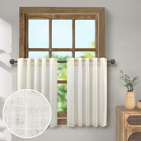 Pitalk Farmhouse Kitchen Curtains 30 Inch Length Light Airy Linen Cafe Tiers for Small Bedroom Bathroom Boho Casual Semi Transparent Cream Ivory