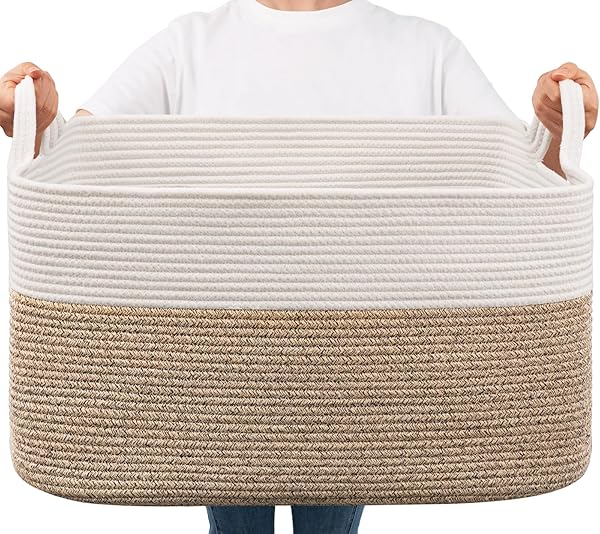 Goodpick Goodpick Large Woven Blanket Basket 21.6 x 14.9 x 11.8 Storage Baskets for Organizing Cotton Rope Toy Basket for Living Room Bedroom White Brown