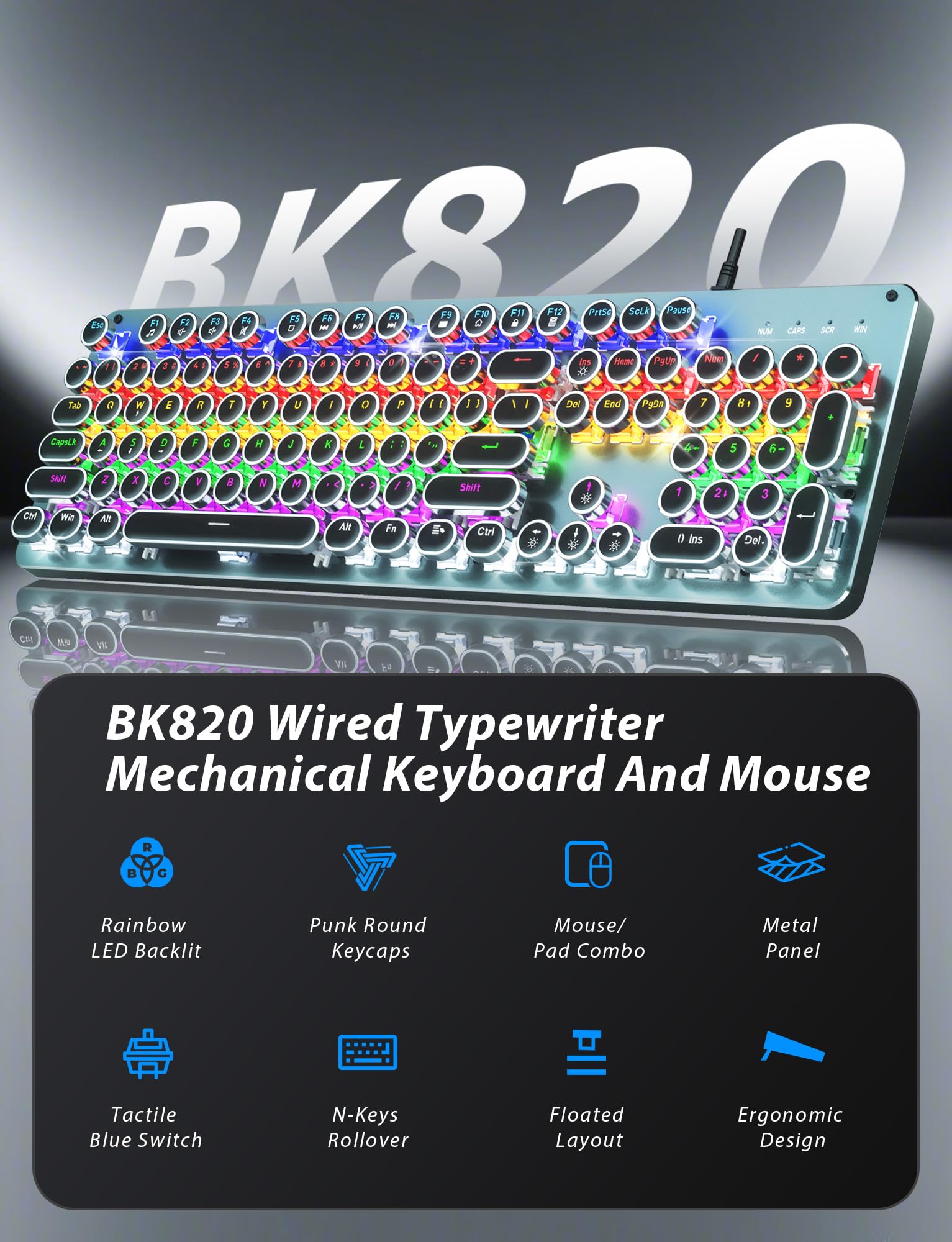 Typewriter Style Mechanical Gaming Keyboard Blue Switch, Rainbow LED Backlit Wired Computer Keyboards Mouse and Pad Combo, Metal Panel Retro Punk - View 2 of 7