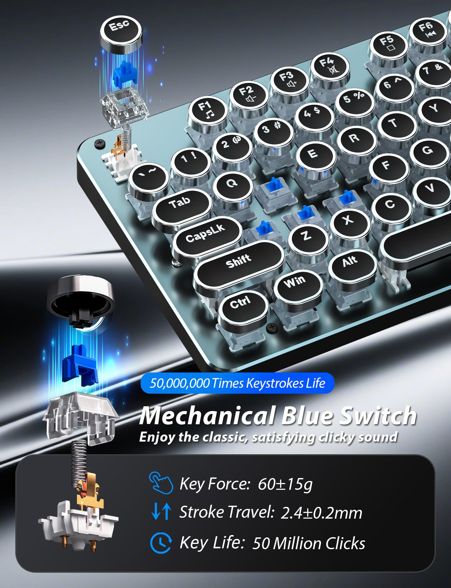 Typewriter Style Mechanical Gaming Keyboard Blue Switch, Rainbow LED Backlit Wired Computer Keyboards Mouse and Pad Combo, Metal Panel Retro Punk - View 3 of 7