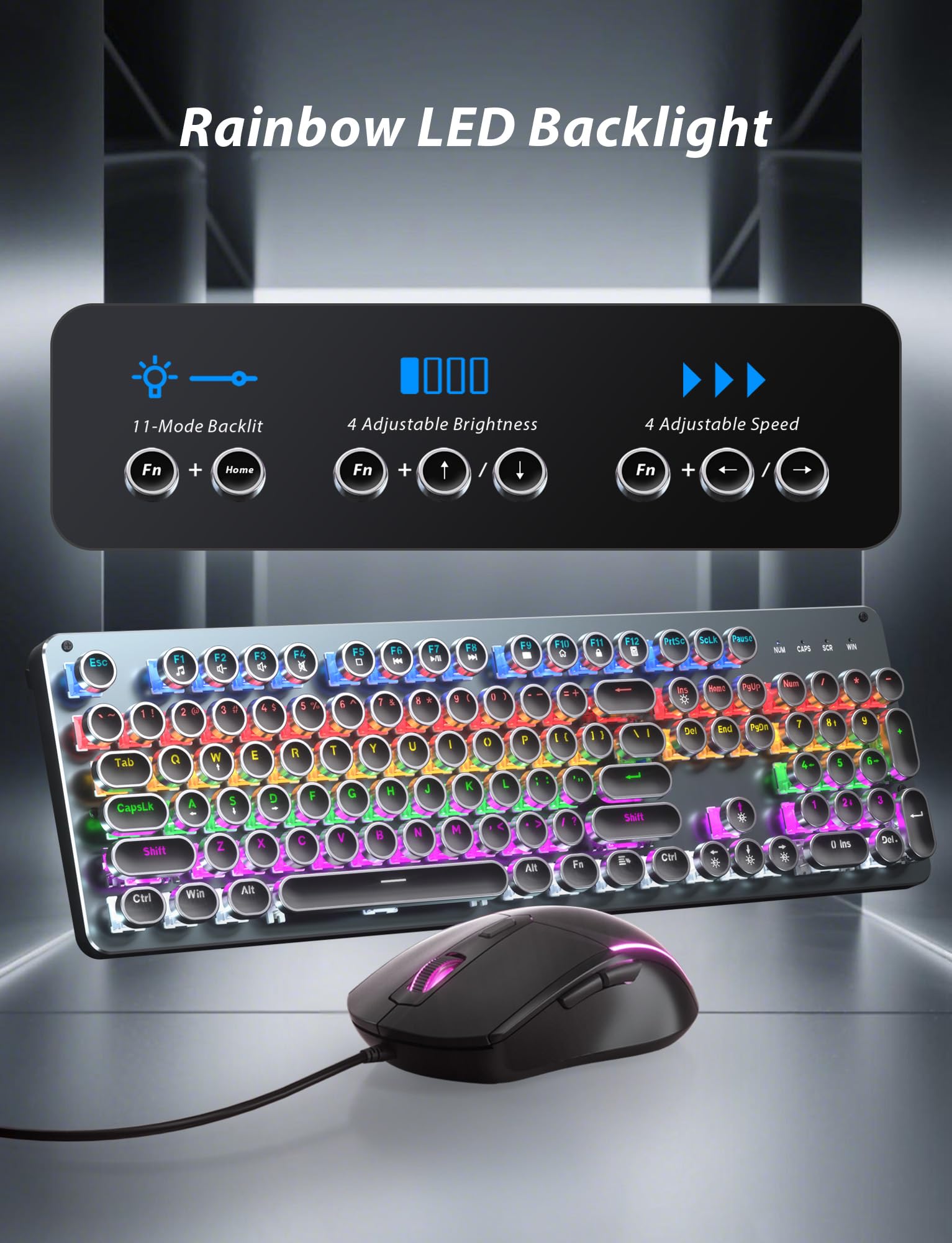 Typewriter Style Mechanical Gaming Keyboard Blue Switch, Rainbow LED Backlit Wired Computer Keyboards Mouse and Pad Combo, Metal Panel Retro Punk - View 5 of 7