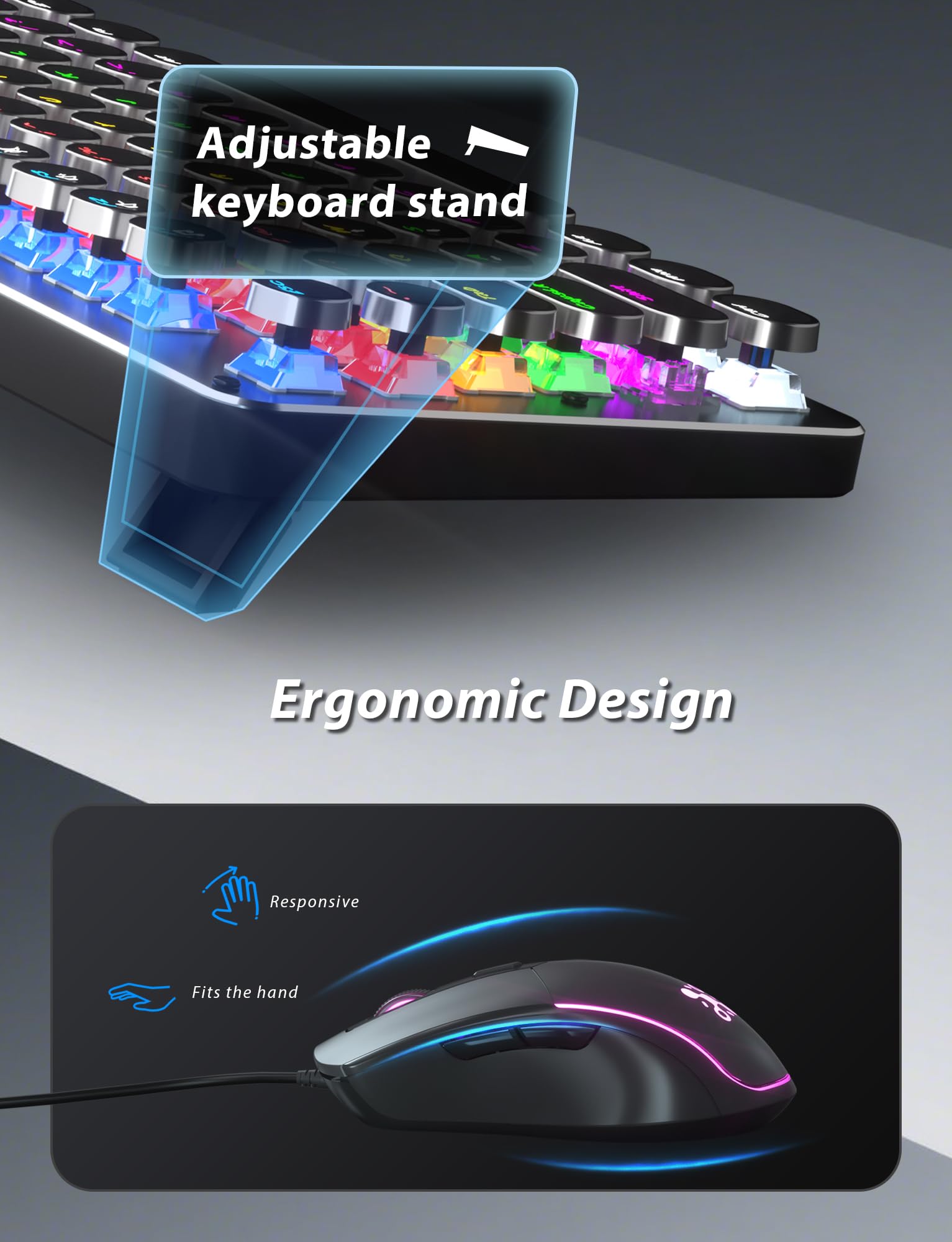 Typewriter Style Mechanical Gaming Keyboard Blue Switch, Rainbow LED Backlit Wired Computer Keyboards Mouse and Pad Combo, Metal Panel Retro Punk - View 7 of 7