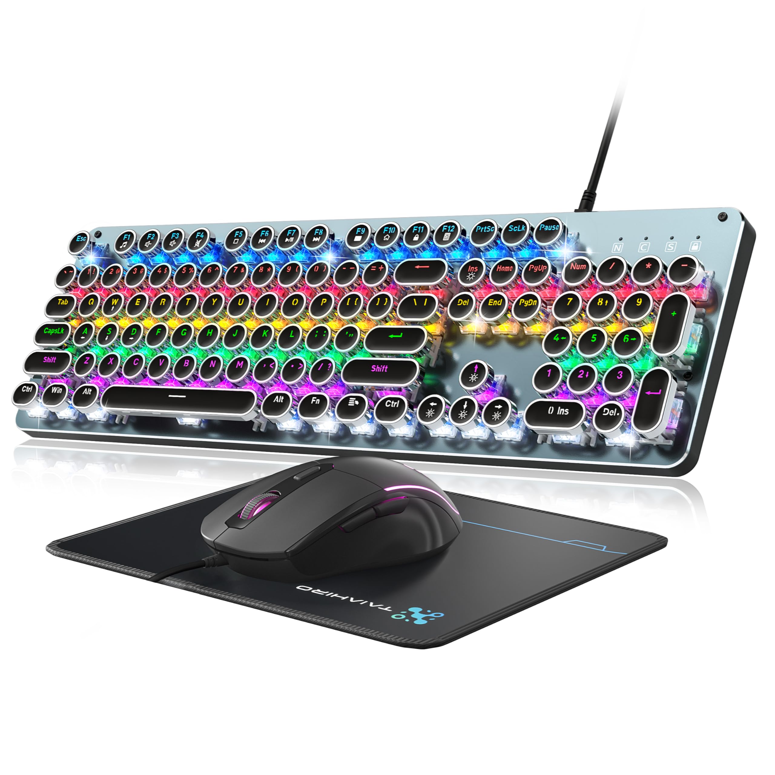 Typewriter Style Mechanical Gaming Keyboard Blue Switch, Rainbow LED Backlit Wired Computer Keyboards Mouse and Pad Combo, Metal Panel Retro Punk