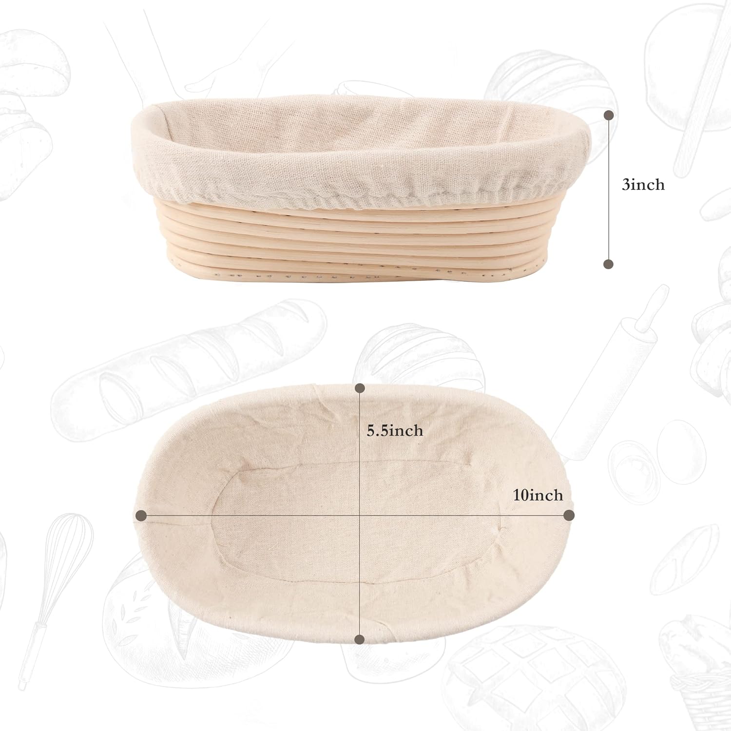 Joyyy Joyyy Sourdough Bread Proofing Baskets Set of 2 Oval 10 Inch with Liner for Dough Rising and Baking - View 3 of 7