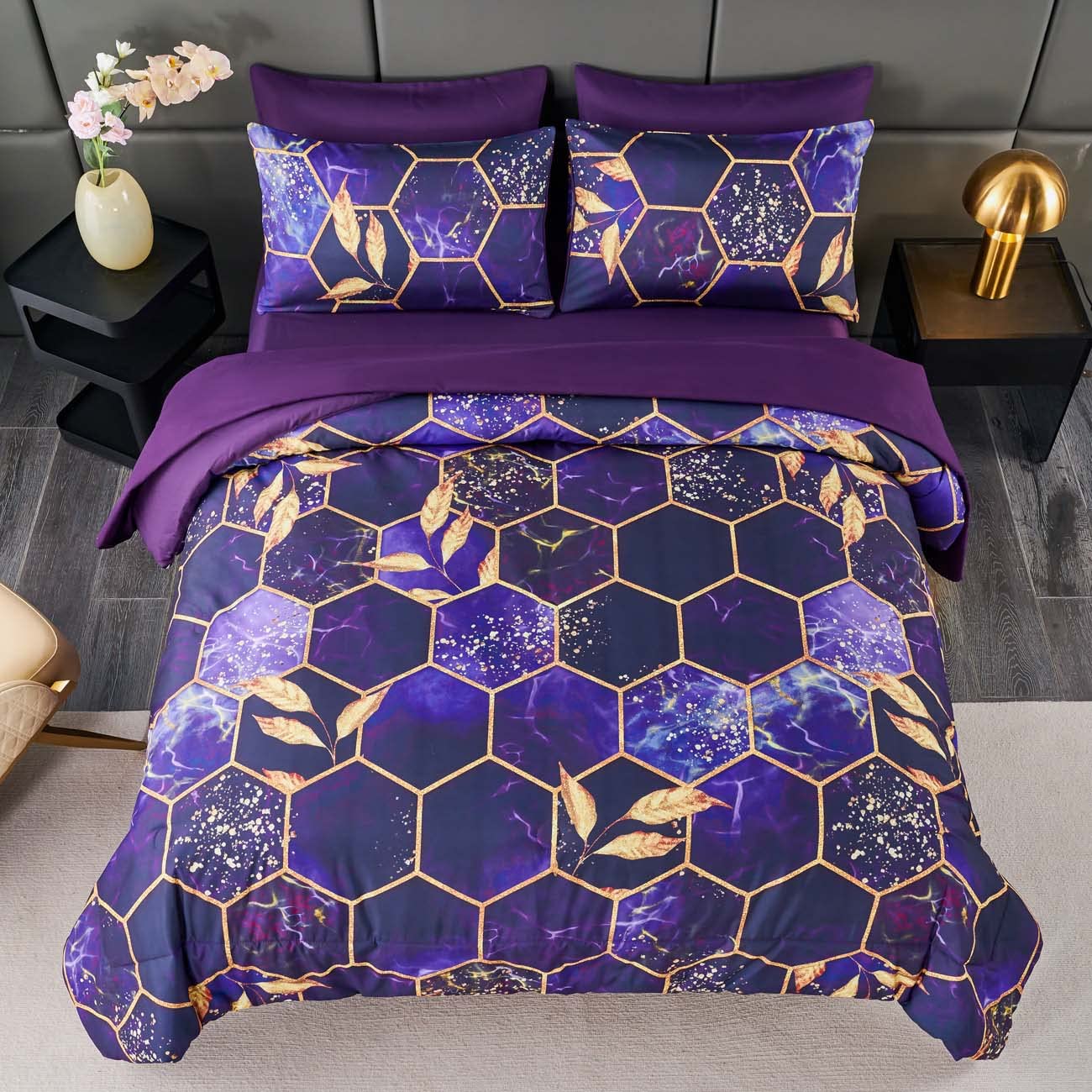 ANGIYUIN ANGIUYIN 7Pcs Purple Gold Queen Comforter Set Modern Foil Print 3D Geometric Honeycomb Theme Bedding with Sheets and Comforter - View 2 of 9