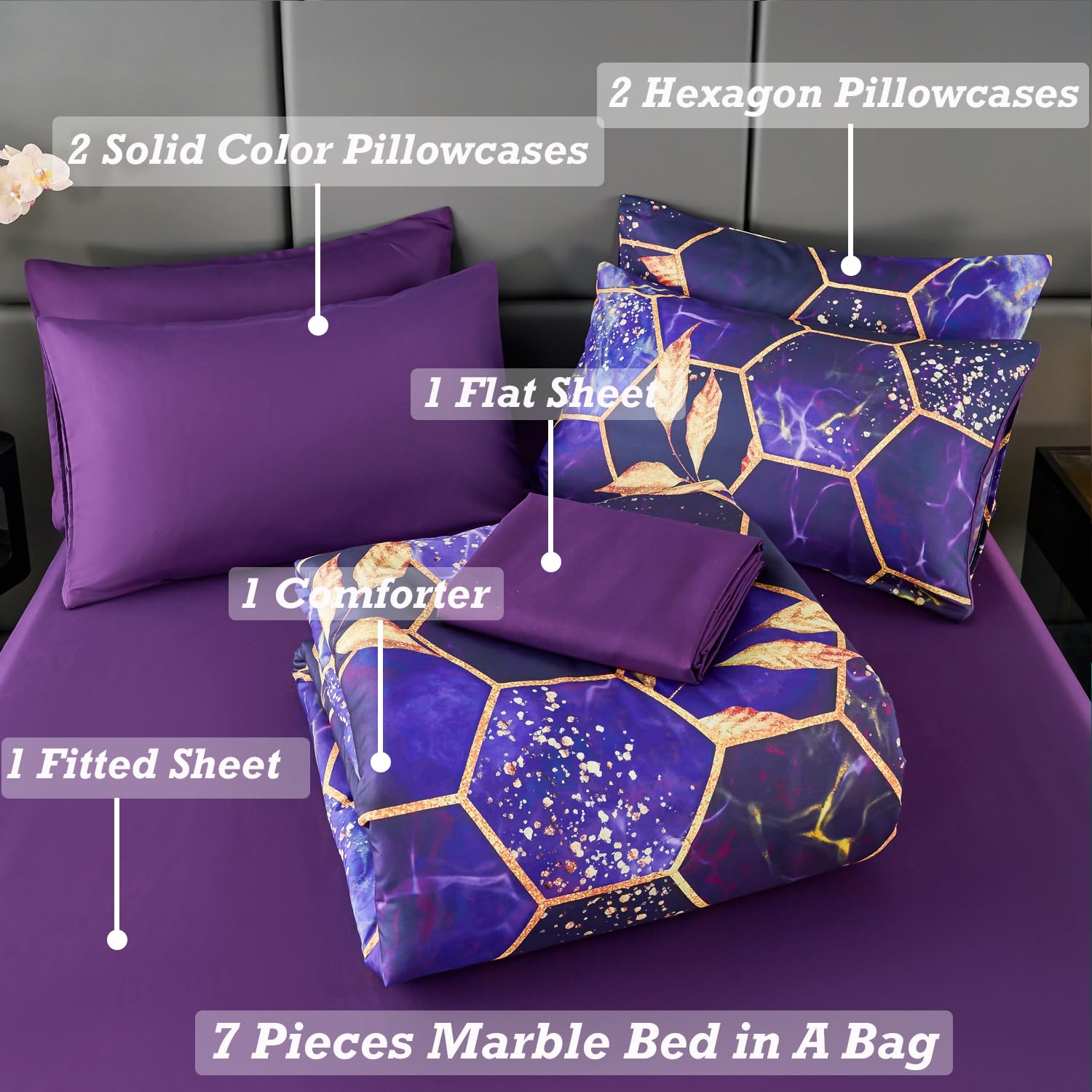 ANGIYUIN ANGIUYIN 7Pcs Purple Gold Queen Comforter Set Modern Foil Print 3D Geometric Honeycomb Theme Bedding with Sheets and Comforter - View 3 of 9