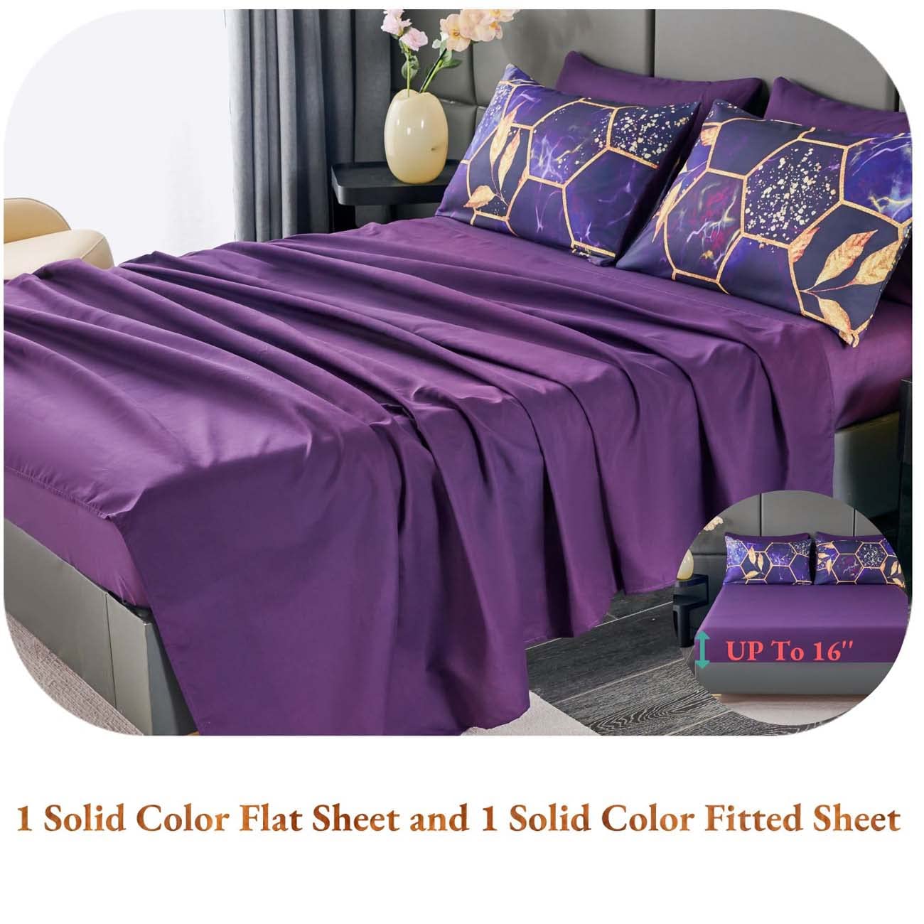 ANGIYUIN ANGIUYIN 7Pcs Purple Gold Queen Comforter Set Modern Foil Print 3D Geometric Honeycomb Theme Bedding with Sheets and Comforter - View 5 of 9