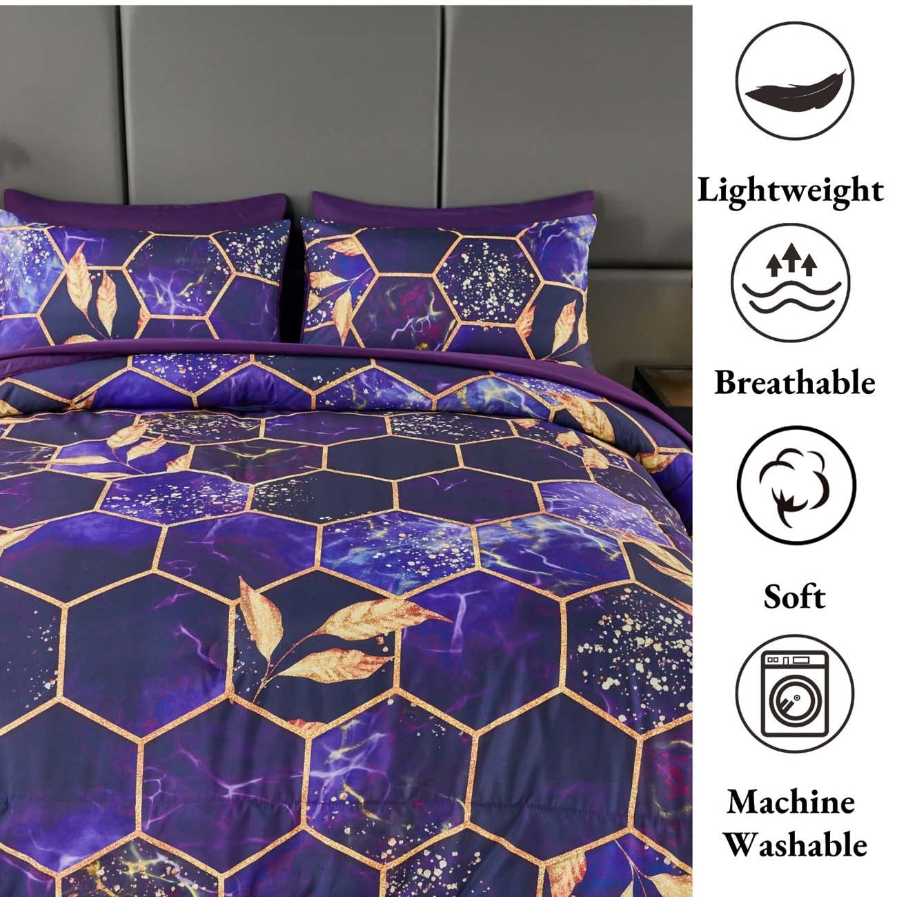 ANGIYUIN ANGIUYIN 7Pcs Purple Gold Queen Comforter Set Modern Foil Print 3D Geometric Honeycomb Theme Bedding with Sheets and Comforter - View 6 of 9