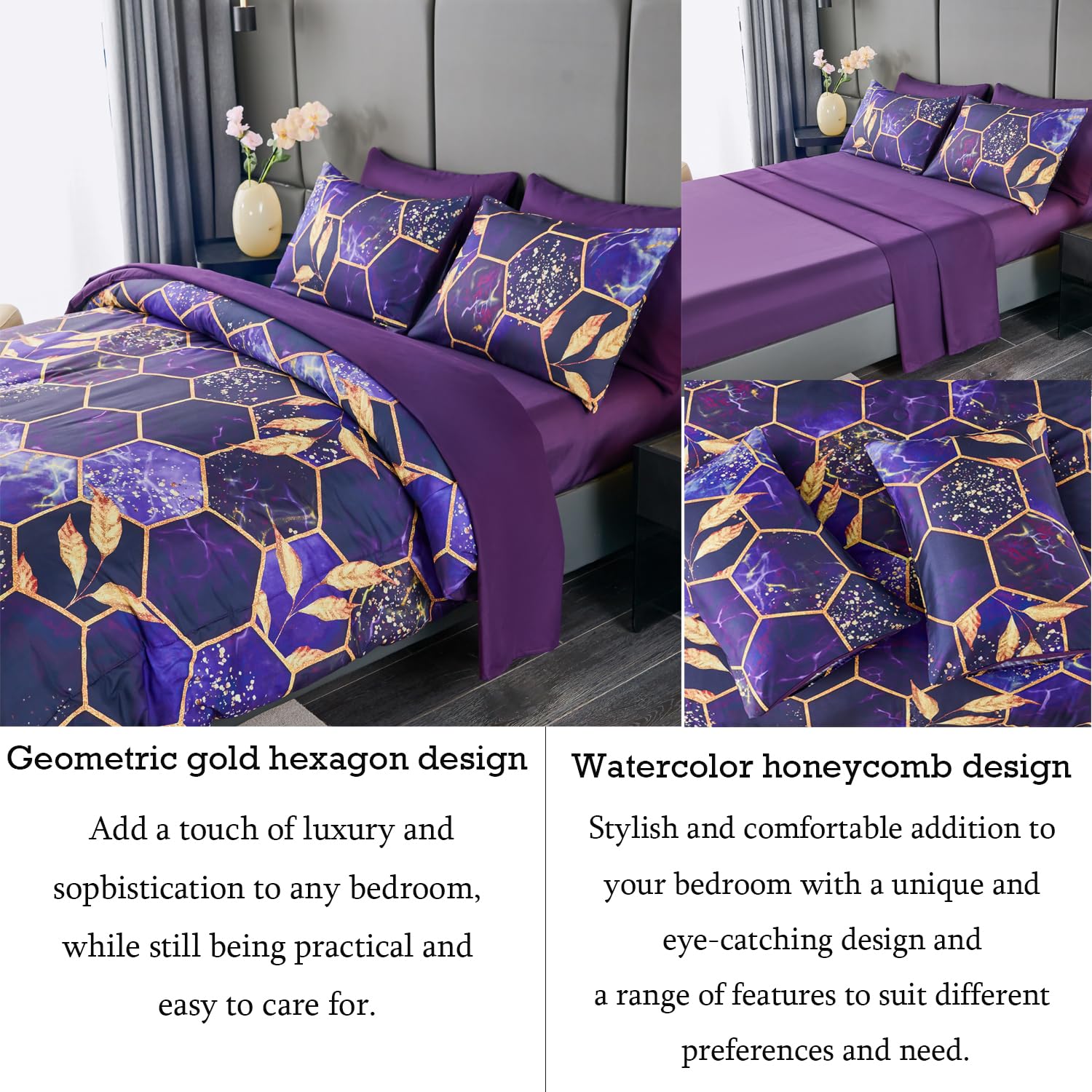 ANGIYUIN ANGIUYIN 7Pcs Purple Gold Queen Comforter Set Modern Foil Print 3D Geometric Honeycomb Theme Bedding with Sheets and Comforter - View 7 of 9