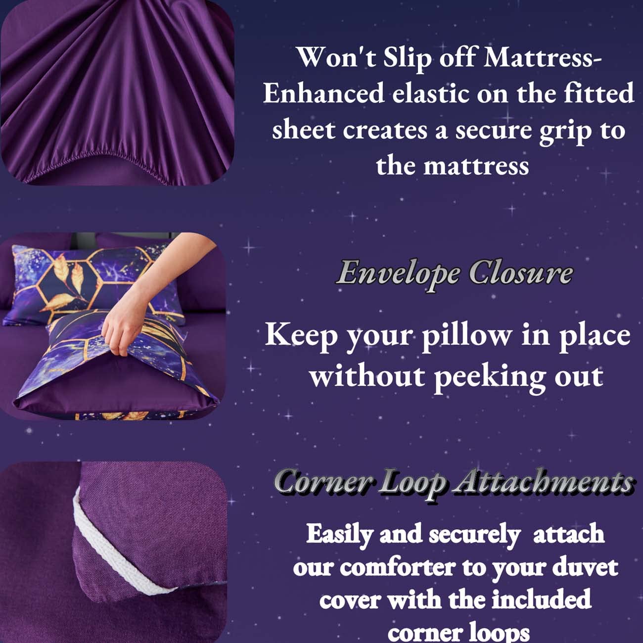 ANGIYUIN ANGIUYIN 7Pcs Purple Gold Queen Comforter Set Modern Foil Print 3D Geometric Honeycomb Theme Bedding with Sheets and Comforter - View 8 of 9