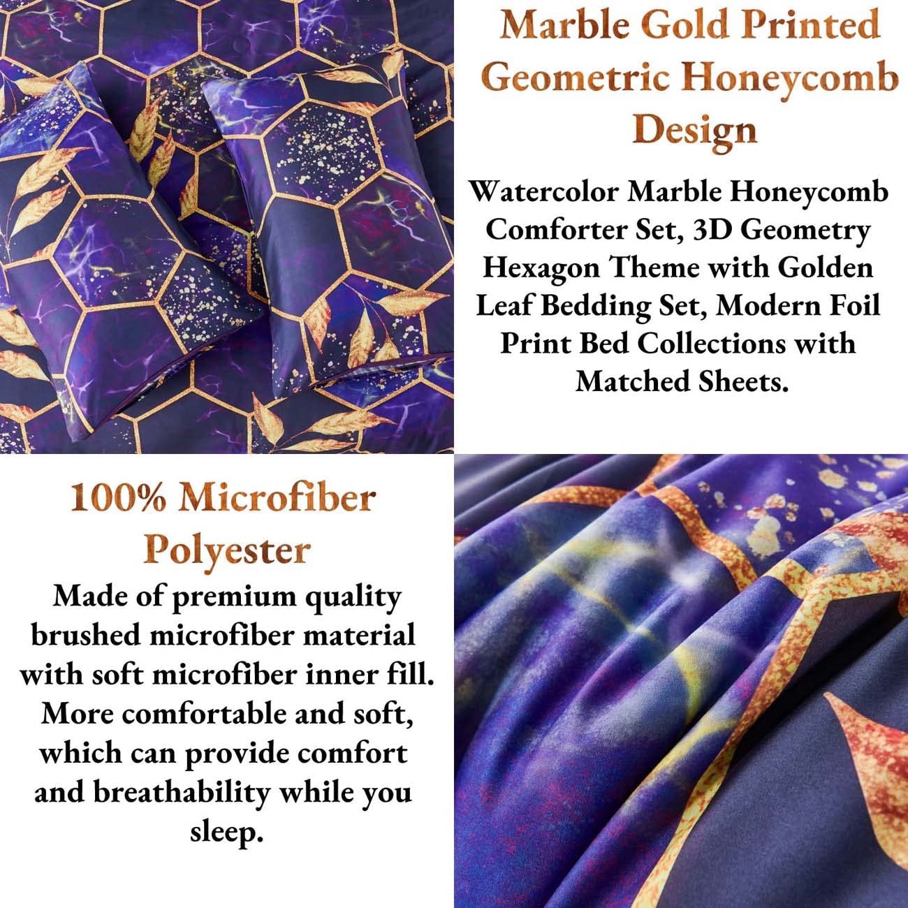 ANGIYUIN ANGIUYIN 7Pcs Purple Gold Queen Comforter Set Modern Foil Print 3D Geometric Honeycomb Theme Bedding with Sheets and Comforter - View 9 of 9