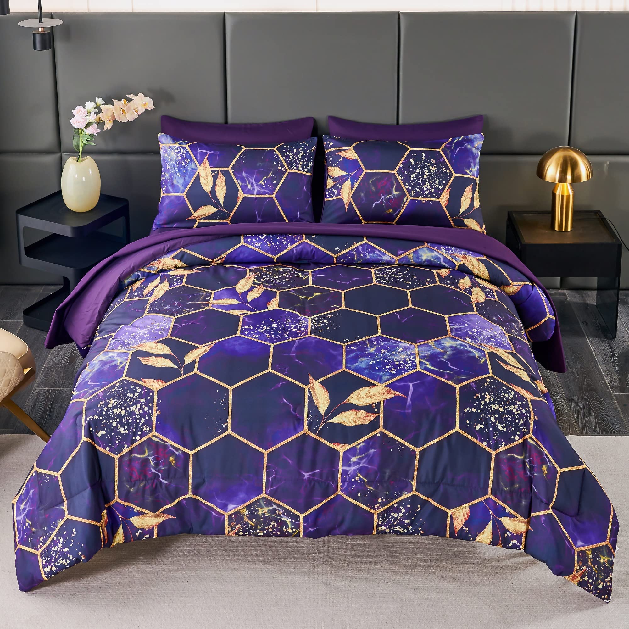 ANGIYUIN ANGIUYIN 7Pcs Purple Gold Queen Comforter Set Modern Foil Print 3D Geometric Honeycomb Theme Bedding with Sheets and Comforter