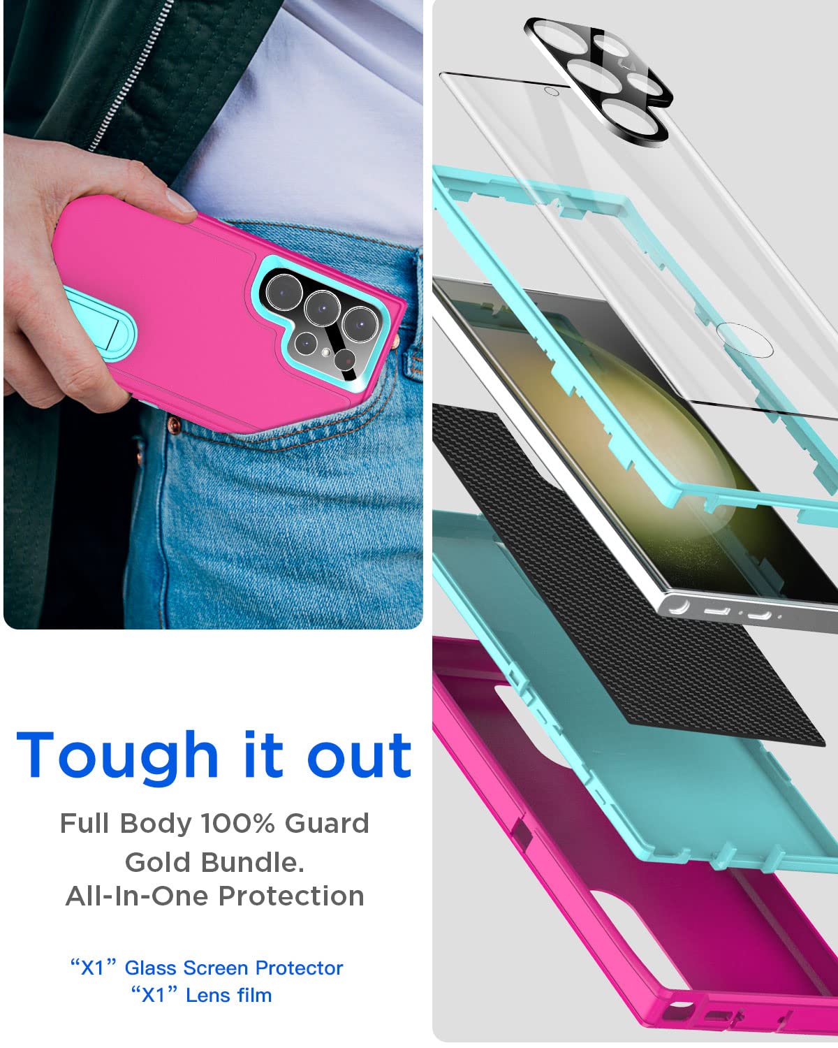 AICase AICase Heavy Duty Samsung Galaxy S23 Ultra Case with Kickstand and Glass Screen Protector Rugged Shockproof Full Body Protection - View 5 of 7