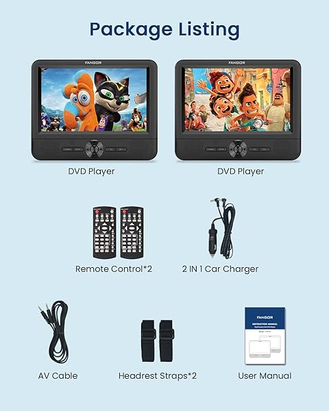 FANGOR FANGOR 7.5 Inch Dual Portable DVD Player for Car with Dual Screen Last Memory AV Out USB SD Card All Regions - View 10 of 10
