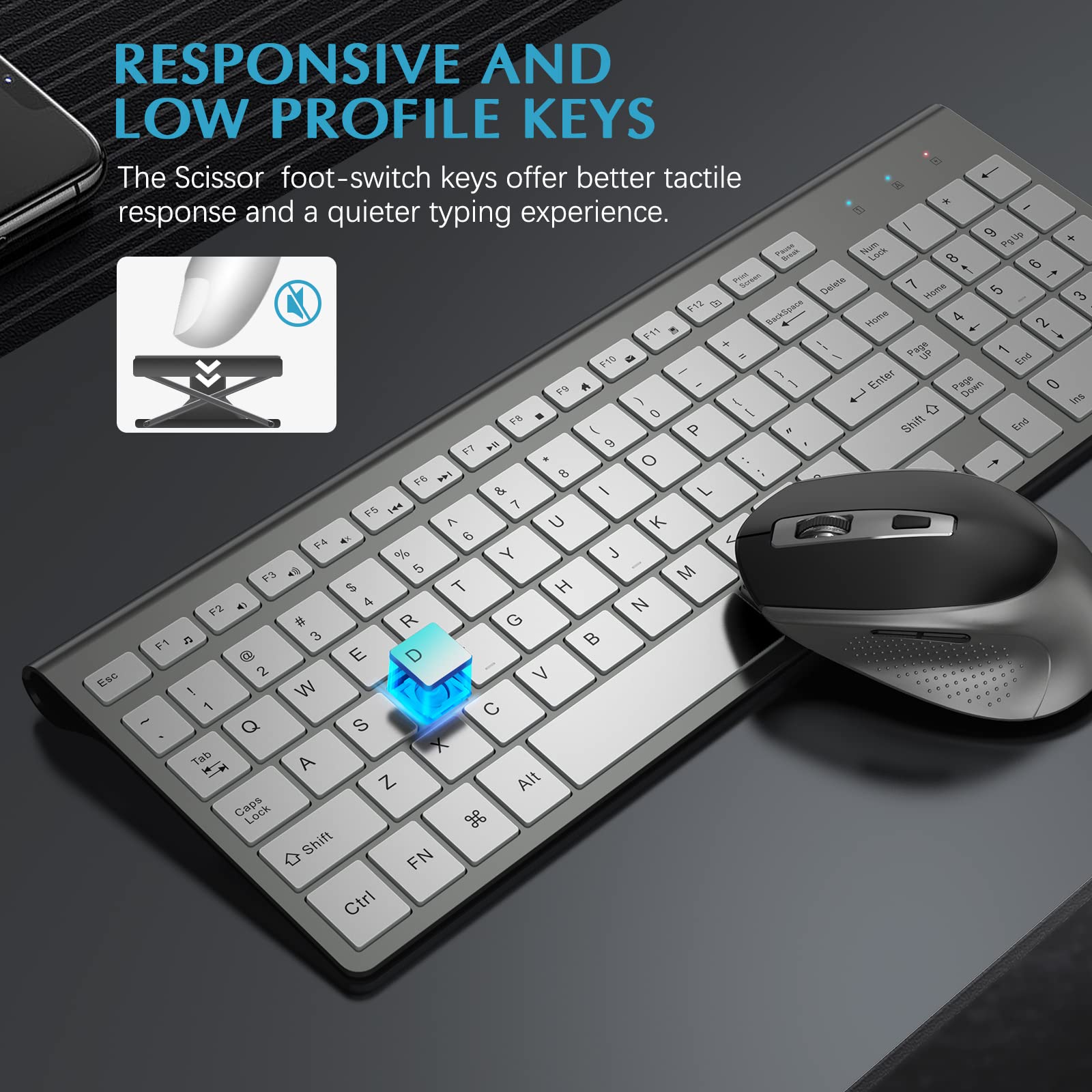 JOYACCESS J JOYACCESS Slim Ergonomic Wireless Keyboard and Mouse Combo Portable Comfortable Typing for Laptop Computer Desktop PC Grey Silver - View 5 of 7
