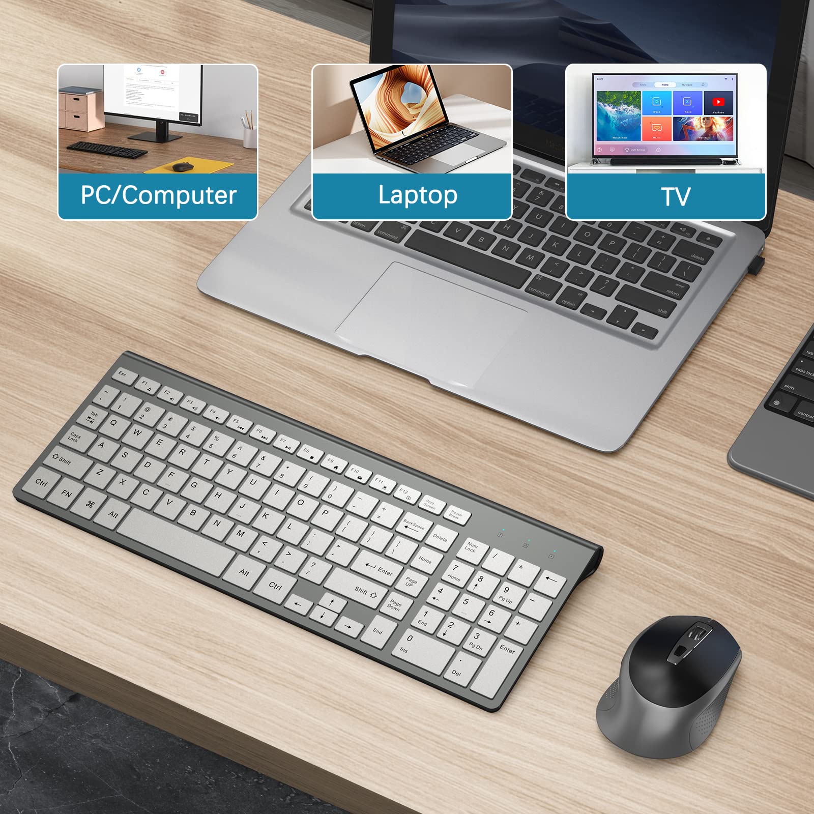 JOYACCESS J JOYACCESS Slim Ergonomic Wireless Keyboard and Mouse Combo Portable Comfortable Typing for Laptop Computer Desktop PC Grey Silver - View 7 of 7