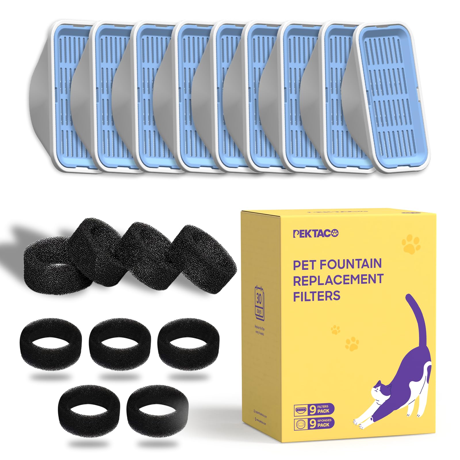 PEKTACO PEKTACO Cat Water Fountain Filters Replacement 9 Pack with Pre-Filter Sponges for 3.2L Automatic Pet Fountain and Dog Water Dispenser - View 7 of 8