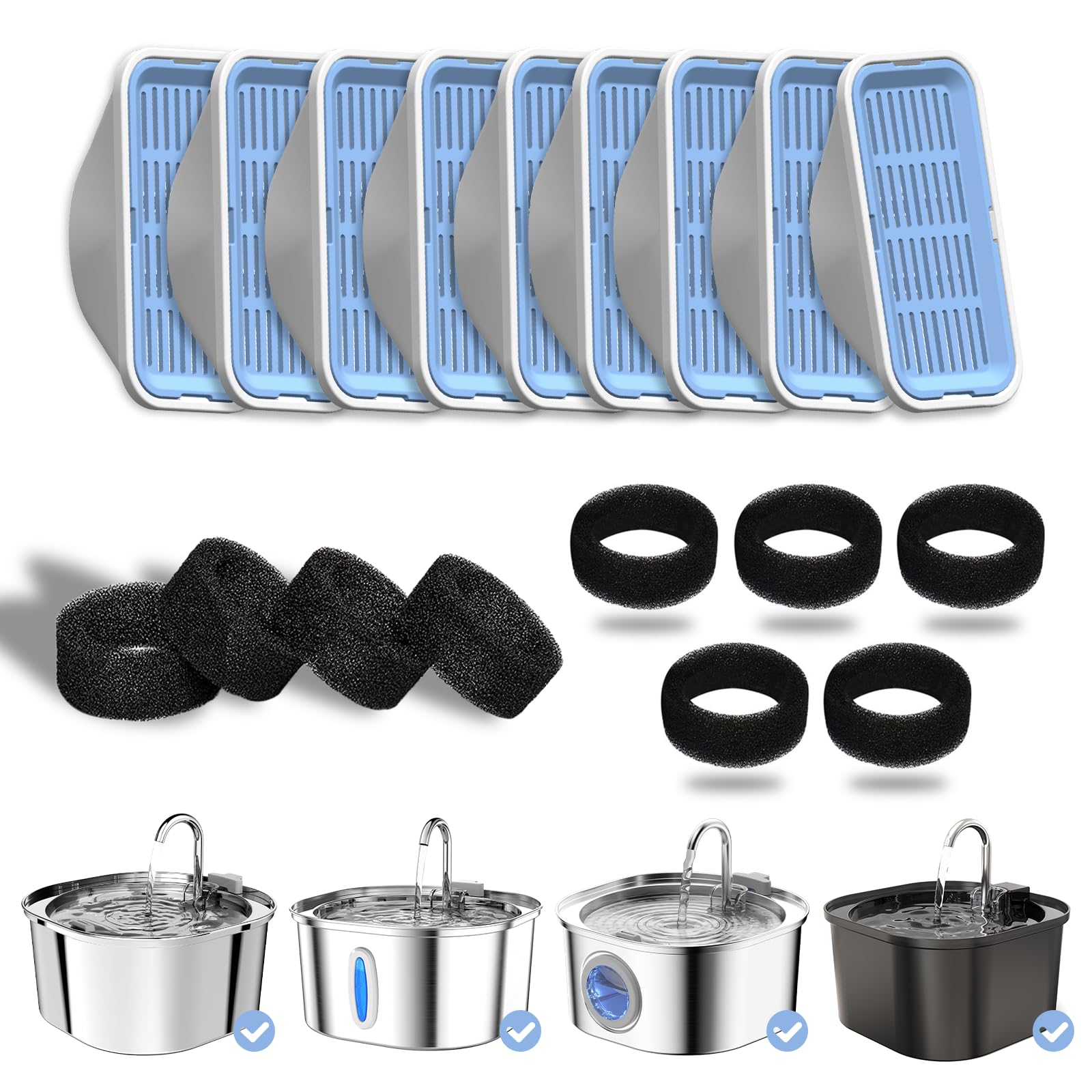 PEKTACO PEKTACO Cat Water Fountain Filters Replacement 9 Pack with Pre-Filter Sponges for 3.2L Automatic Pet Fountain and Dog Water Dispenser