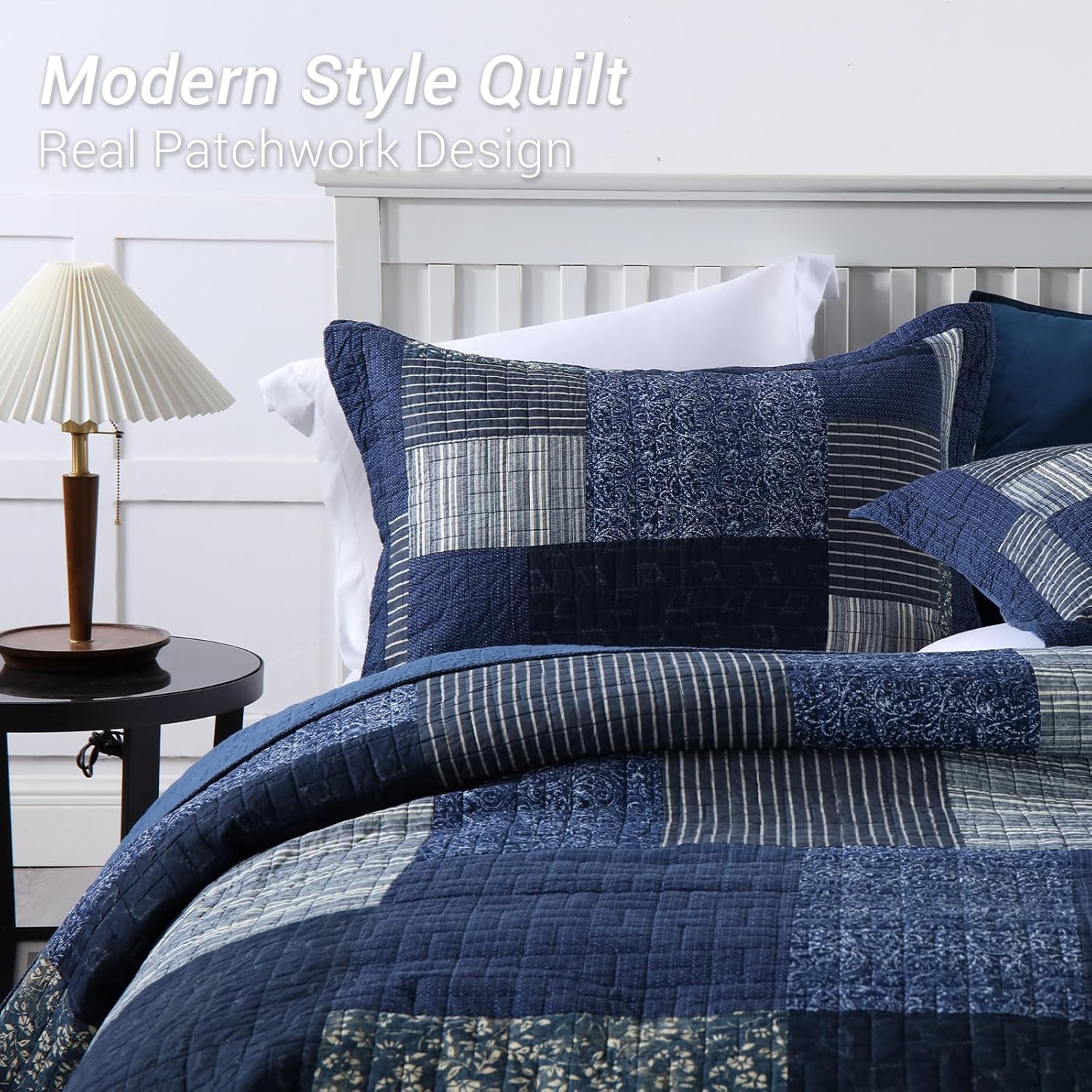 Yvooxny Yvooxny King Size Reversible Lightweight Quilt Set 3 Piece Plaid Floral Cotton Bedding with Pillow Shams for All Seasons Azure Blue 98x106 - View 2 of 8