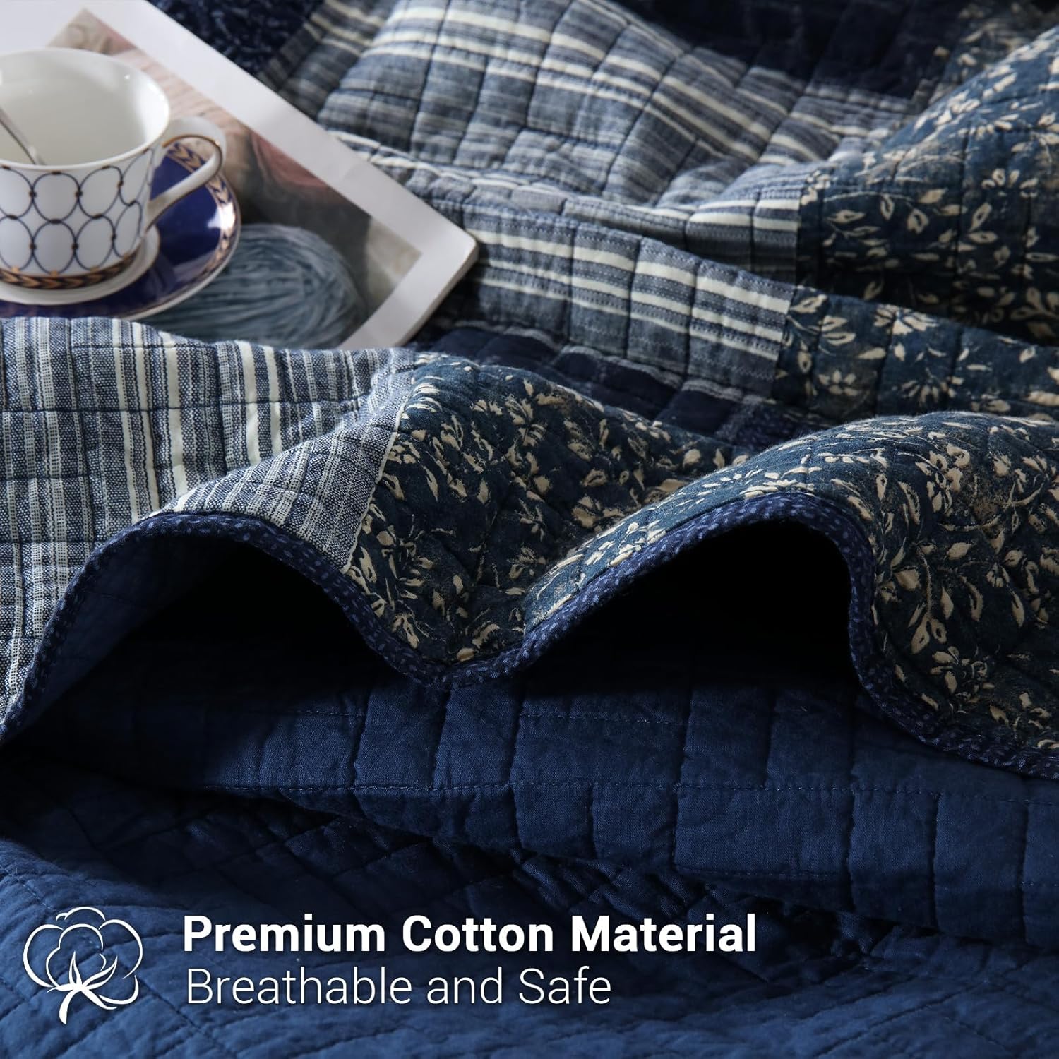 Yvooxny Yvooxny King Size Reversible Lightweight Quilt Set 3 Piece Plaid Floral Cotton Bedding with Pillow Shams for All Seasons Azure Blue 98x106 - View 3 of 8