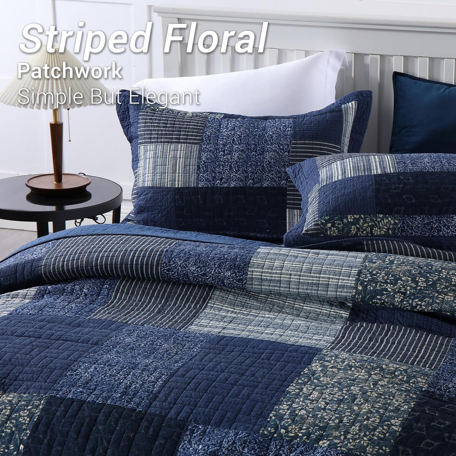 Yvooxny Yvooxny King Size Reversible Lightweight Quilt Set 3 Piece Plaid Floral Cotton Bedding with Pillow Shams for All Seasons Azure Blue 98x106 - View 5 of 8