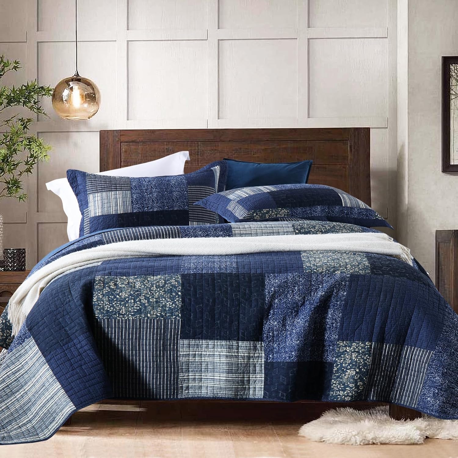 Yvooxny Yvooxny King Size Reversible Lightweight Quilt Set 3 Piece Plaid Floral Cotton Bedding with Pillow Shams for All Seasons Azure Blue 98x106 - View 6 of 8