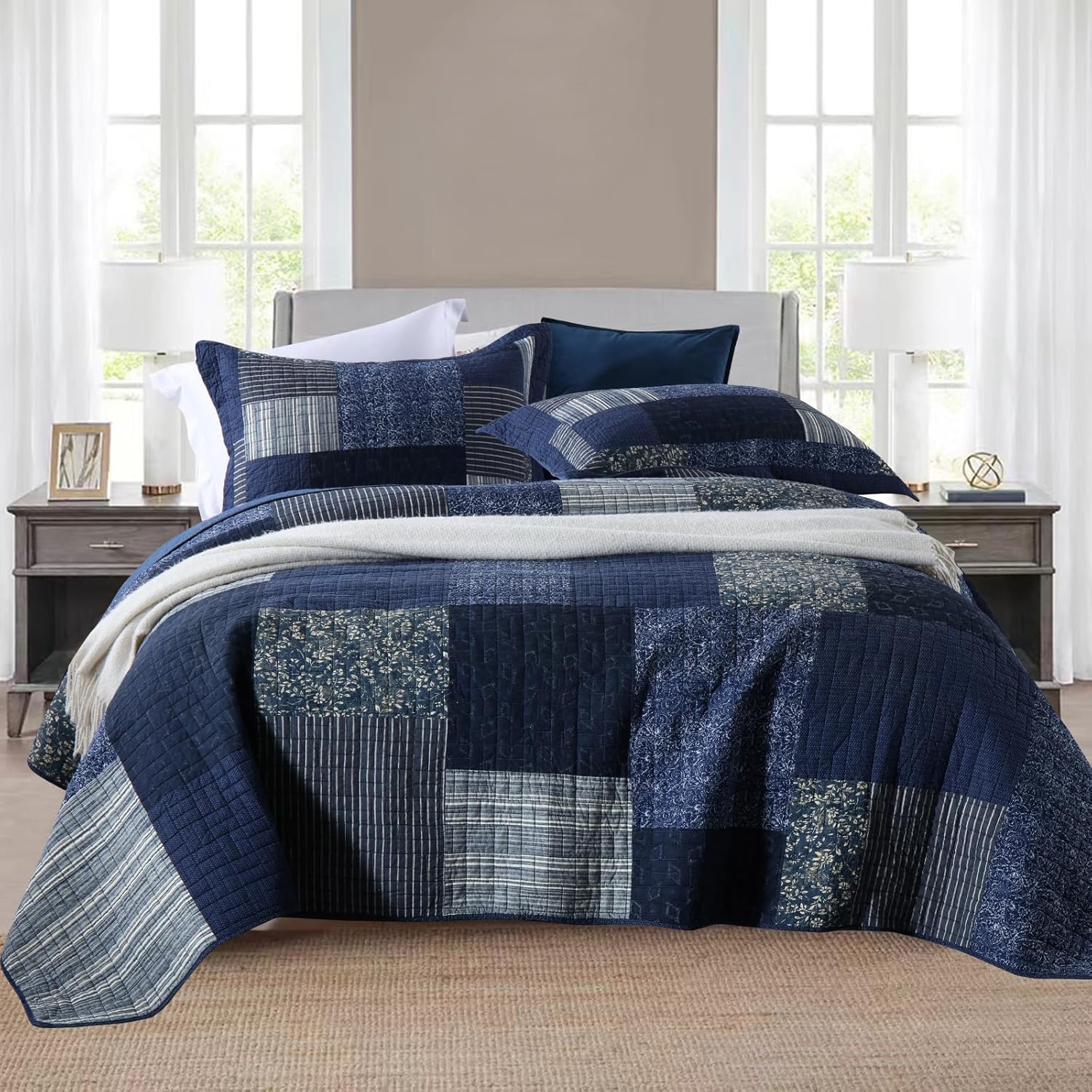 Yvooxny Yvooxny King Size Reversible Lightweight Quilt Set 3 Piece Plaid Floral Cotton Bedding with Pillow Shams for All Seasons Azure Blue 98x106