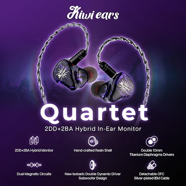 Linsoul Linsoul Kiwi Ears Quartet Hybrid In-Ear Monitor HiFi Earphones with Resin Shell Detachable Cable for Audiophile Musician DJ Gaming Purple - View 4 of 11