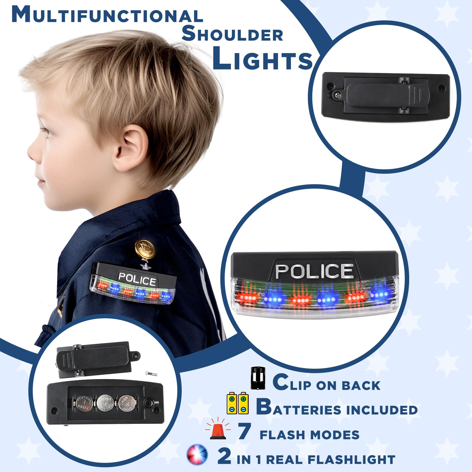Tepsmigo Tepsmigo Kids Police Officer Costume with Uniform Recorder and Shoulder Lights Halloween Role Play Kit for Boys and Girls - View 2 of 7