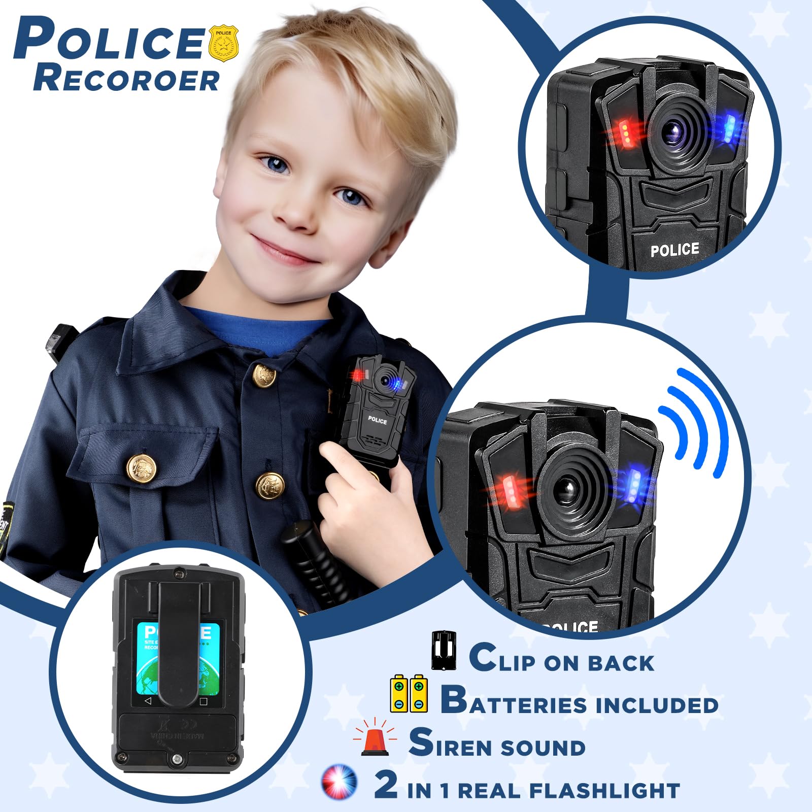 Tepsmigo Tepsmigo Kids Police Officer Costume with Uniform Recorder and Shoulder Lights Halloween Role Play Kit for Boys and Girls - View 3 of 7
