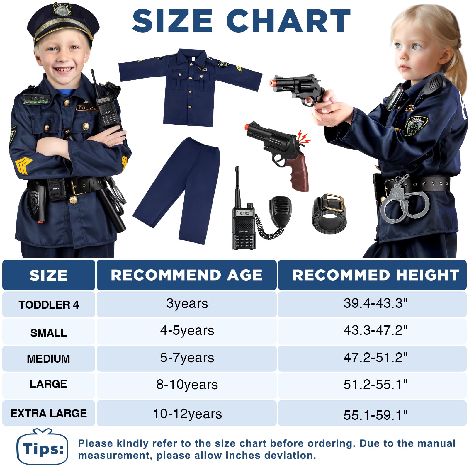 Tepsmigo Tepsmigo Kids Police Officer Costume with Uniform Recorder and Shoulder Lights Halloween Role Play Kit for Boys and Girls - View 6 of 7