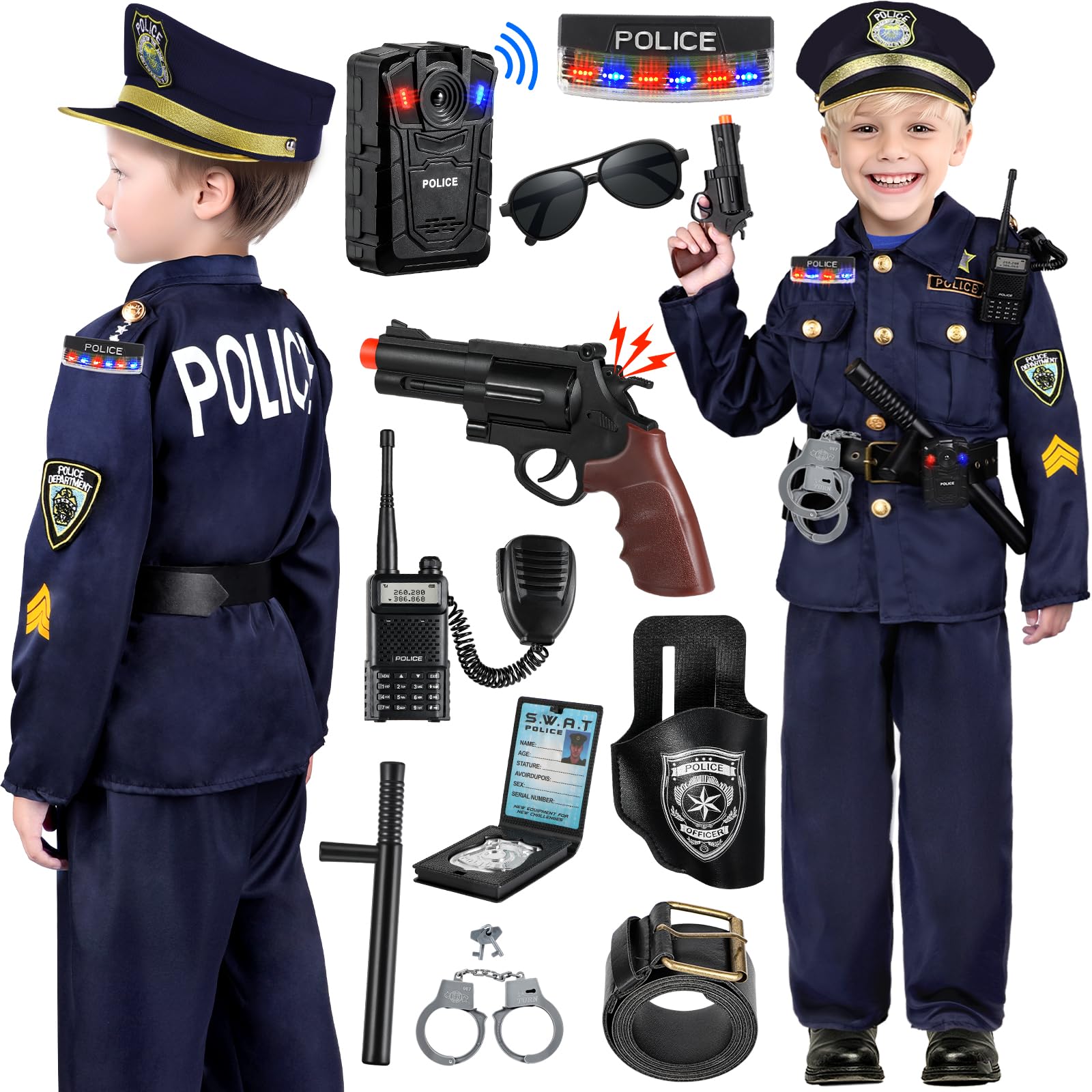 Tepsmigo Tepsmigo Kids Police Officer Costume with Uniform Recorder and Shoulder Lights Halloween Role Play Kit for Boys and Girls