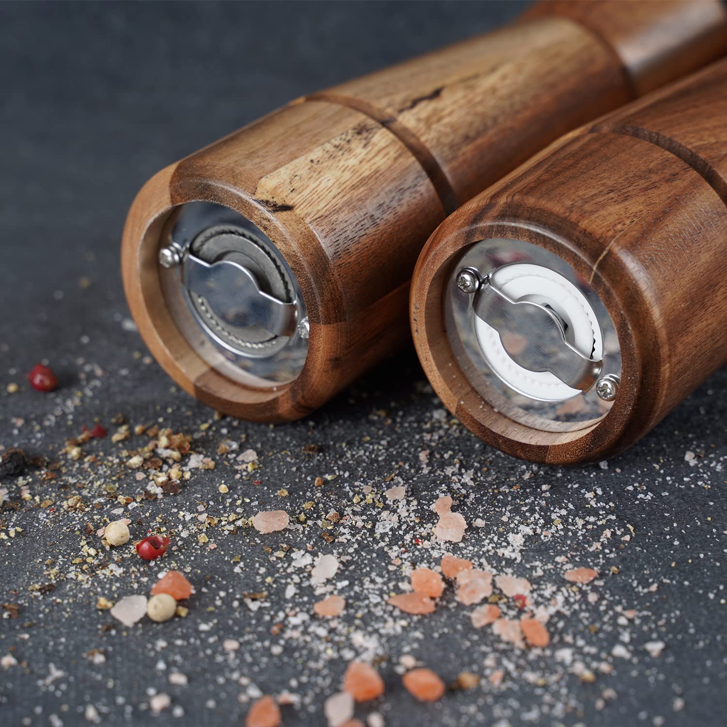 DeroTeno DeroTeno Adjustable Salt and Pepper Grinder Set with Tray Stainless Steel and Acacia Wood 16.5 cm Height Perfect for Kitchen Use - View 5 of 9