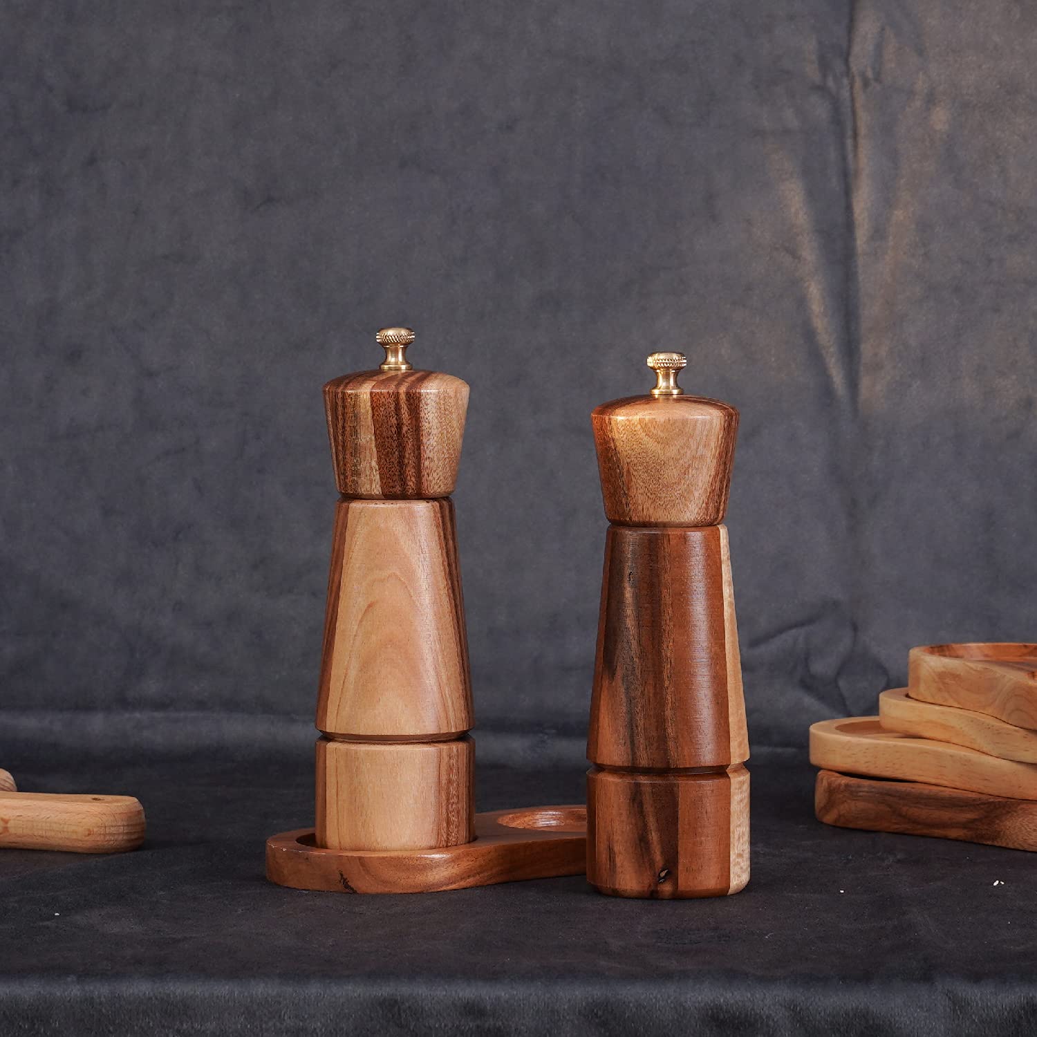 DeroTeno DeroTeno Adjustable Salt and Pepper Grinder Set with Tray Stainless Steel and Acacia Wood 16.5 cm Height Perfect for Kitchen Use - View 7 of 9